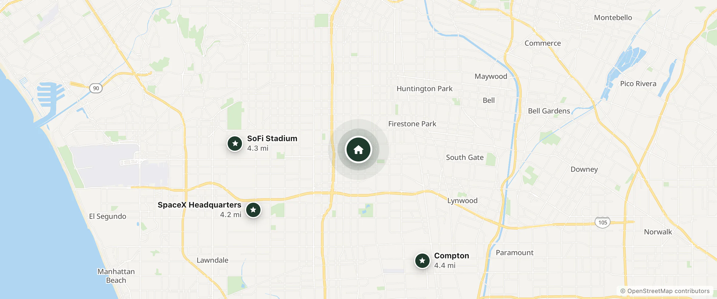 Map of Avalon Motel and nearby SpaceX Headquarters, SoFi Stadium and Compton