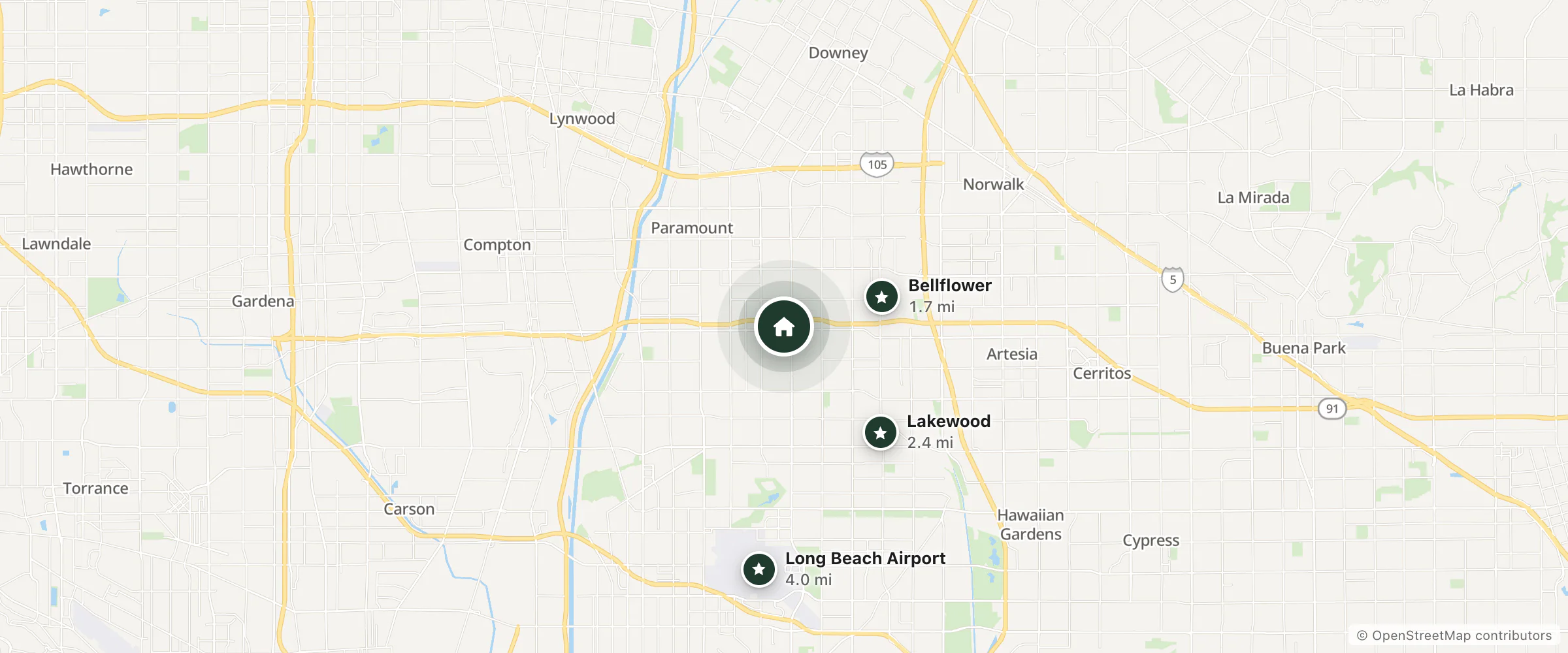 Map of Travel King Motel and nearby Bellflower, Lakewood and Long Beach Airport
