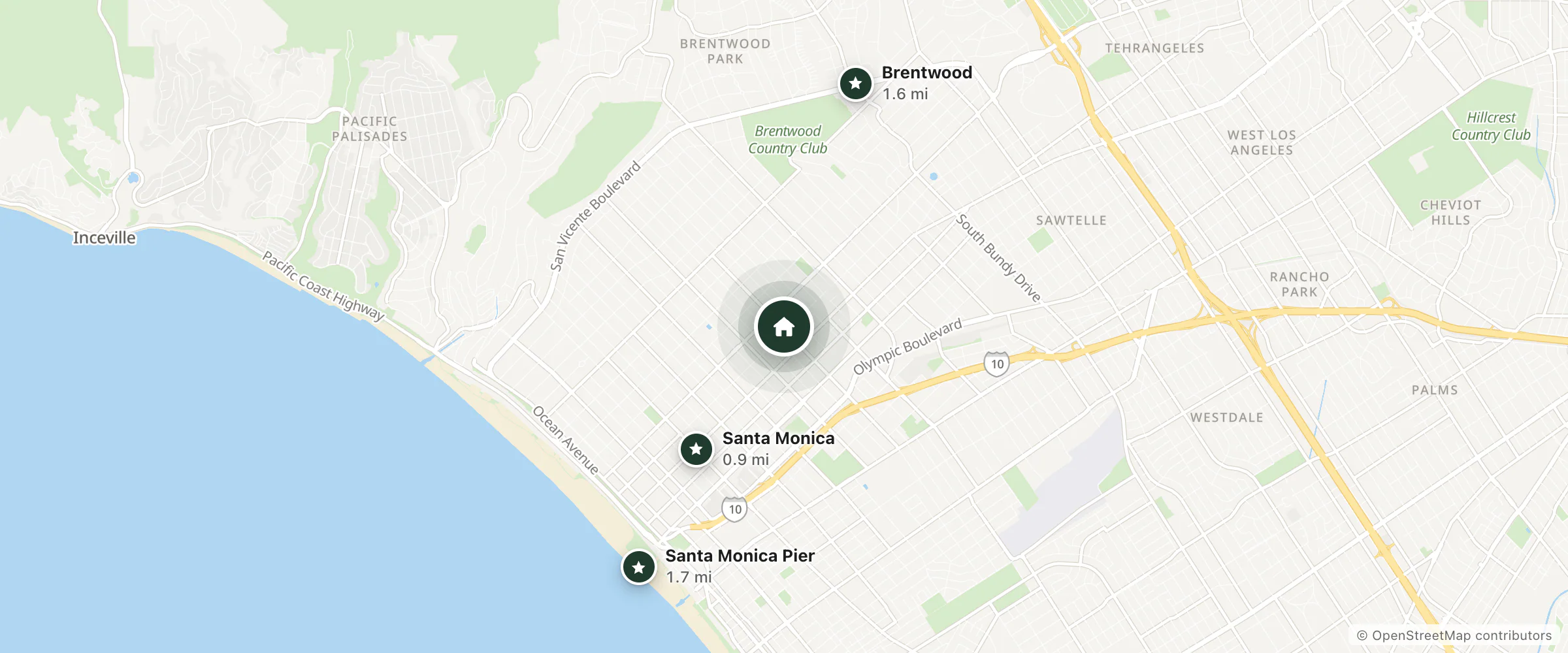 Map of The Ambrose Hotel and nearby Santa Monica, Brentwood and Santa Monica Pier