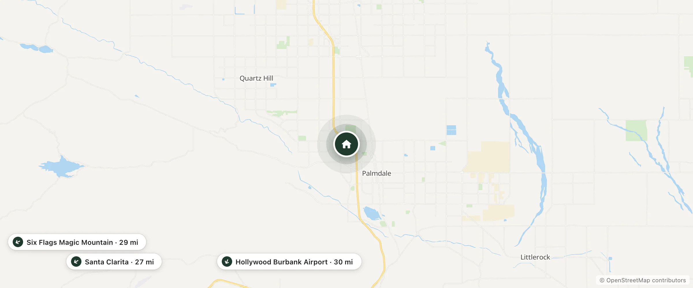 Map of Hampton Inn & Suites Palmdale and nearby Santa Clarita, Six Flags Magic Mountain and Hollywood Burbank Airport