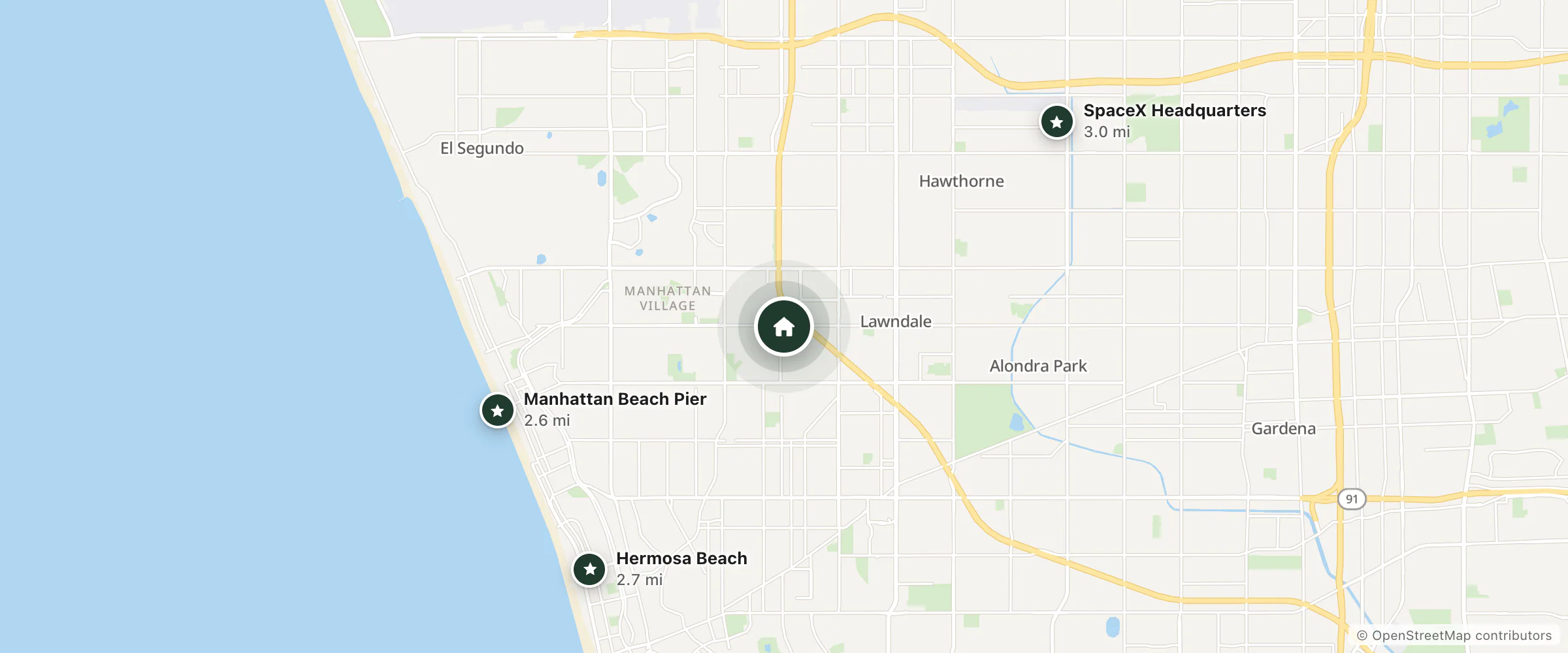 Map of Hilton Garden Inn Los Angeles/Redondo Beach and nearby Manhattan Beach Pier, Hermosa Beach and SpaceX Headquarters