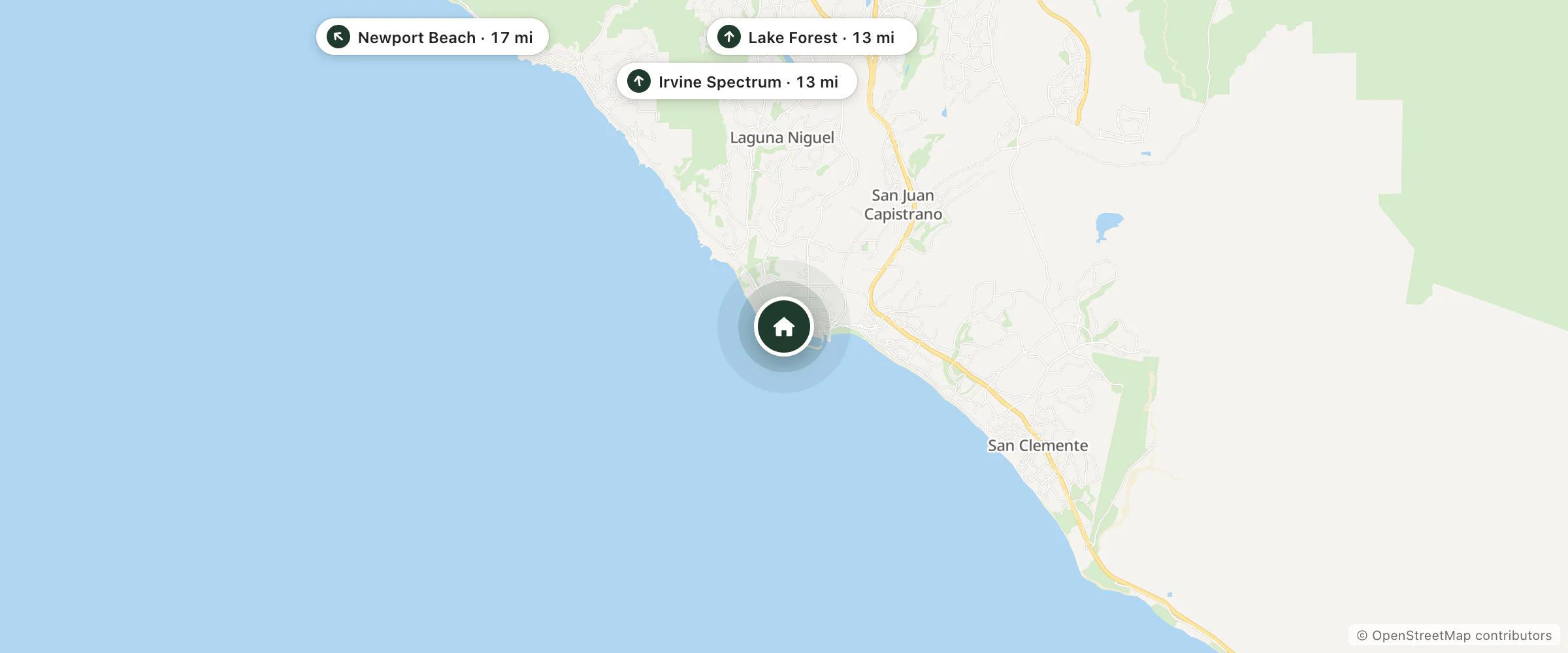 Map of Blue Lantern Inn and nearby Lake Forest, Irvine Spectrum and Newport Beach