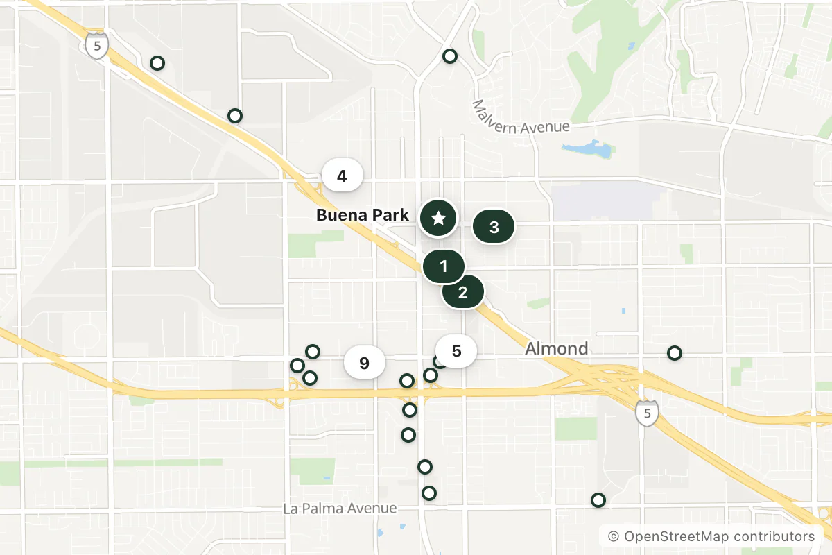 Map of the top 23 hotels for this question around Buena Park