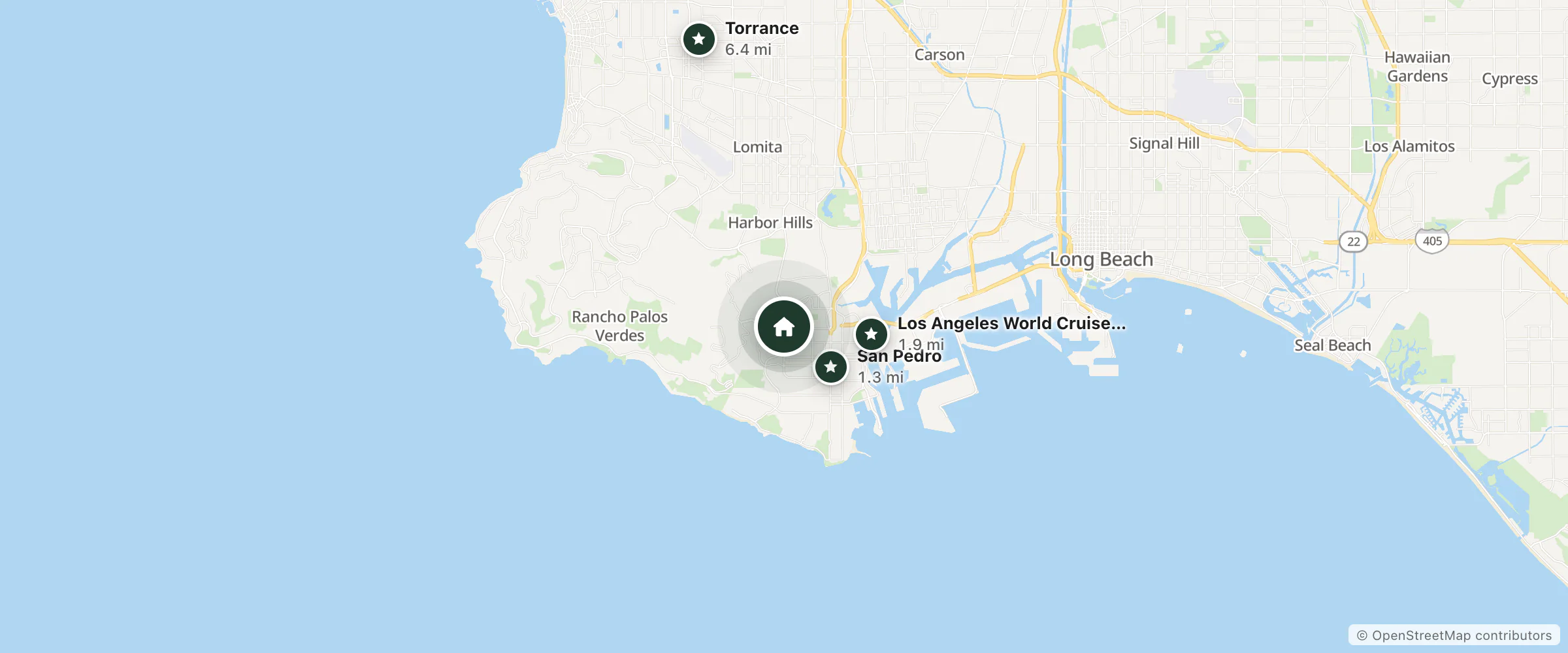 Map of Americas Best Value Inn and nearby San Pedro, Los Angeles World Cruise Center and Torrance
