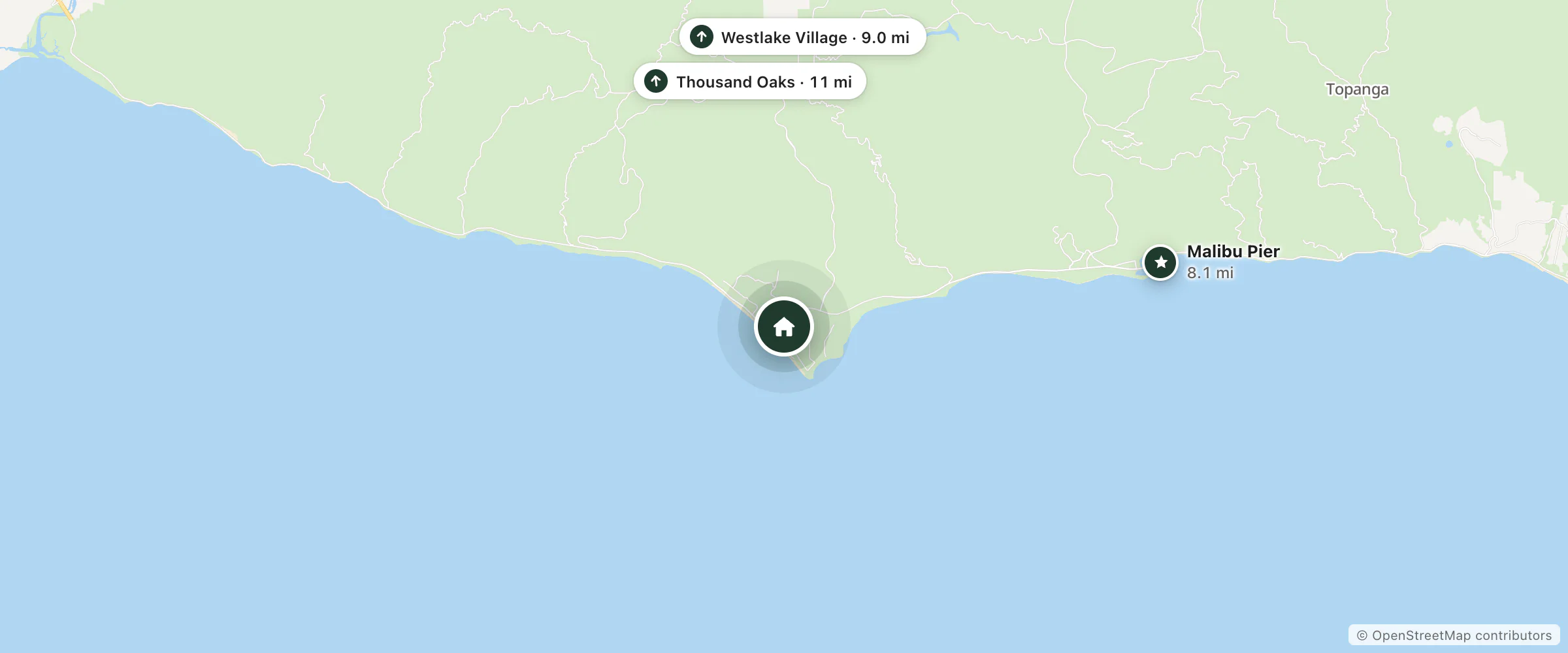 Map of Malibu Country Inn and nearby Malibu Pier, Westlake Village and Thousand Oaks