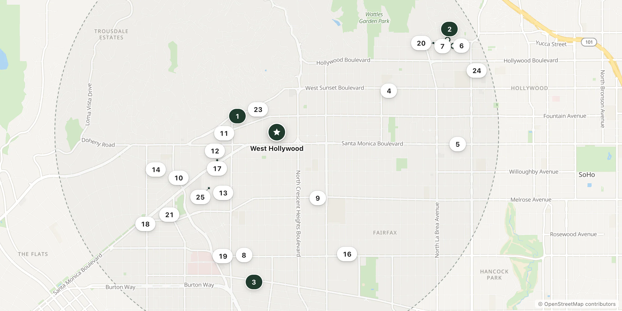 Map of hotels near West Hollywood