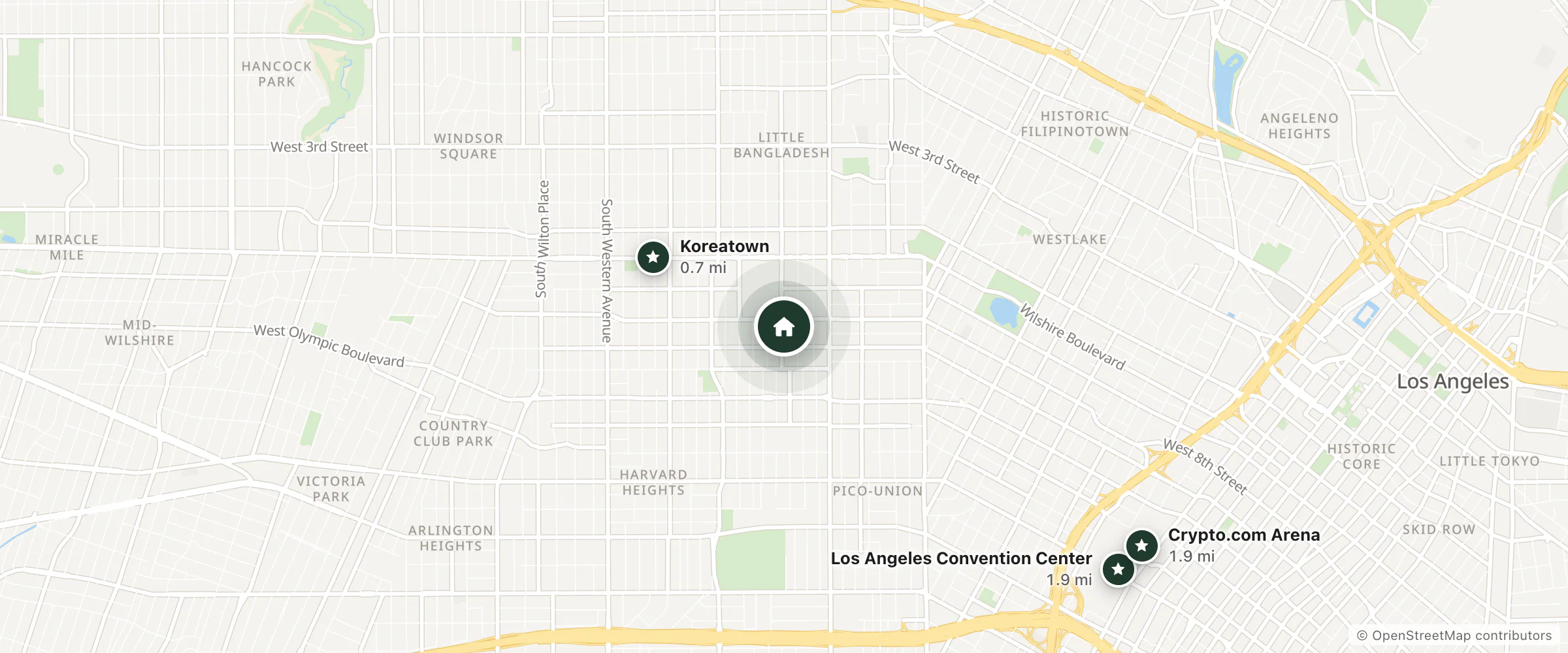 Map of Catalina 8 Inn Motel and nearby Koreatown, Los Angeles Convention Center and Crypto.com Arena