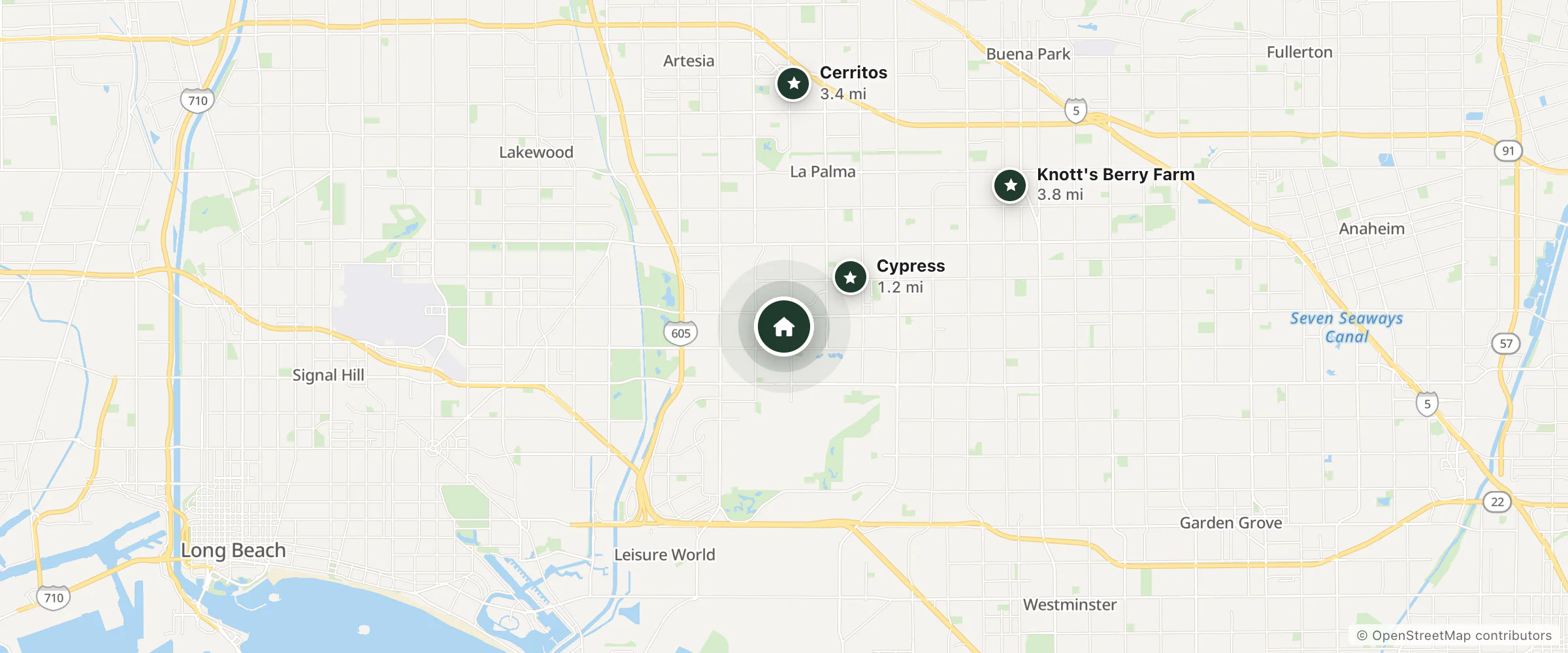 Map of Marriott Hotel and nearby Cypress, Cerritos and Knott's Berry Farm