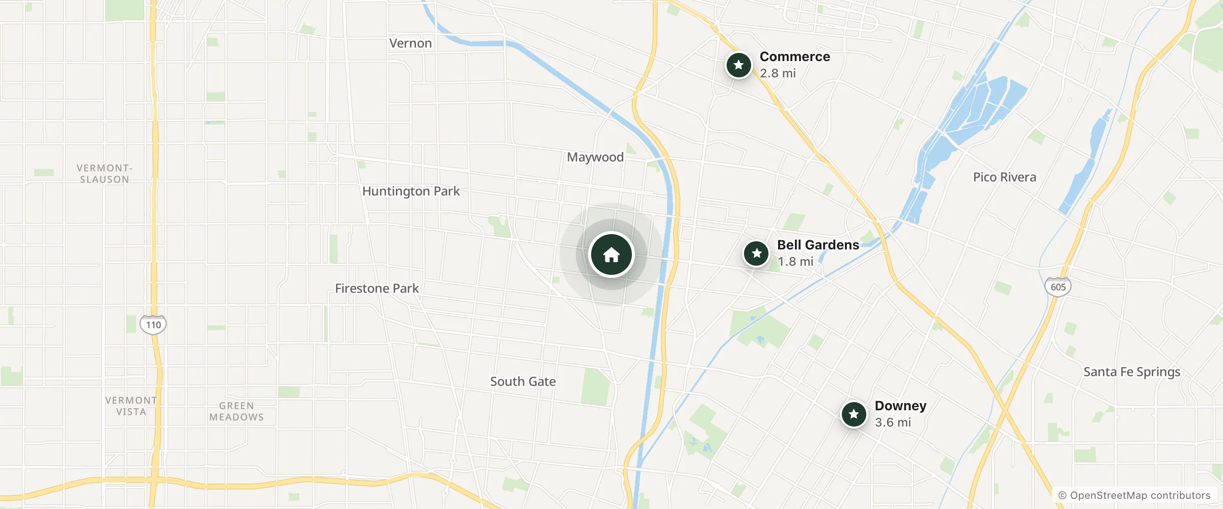 Map of Nubell Motel and nearby Bell Gardens, Commerce and Downey