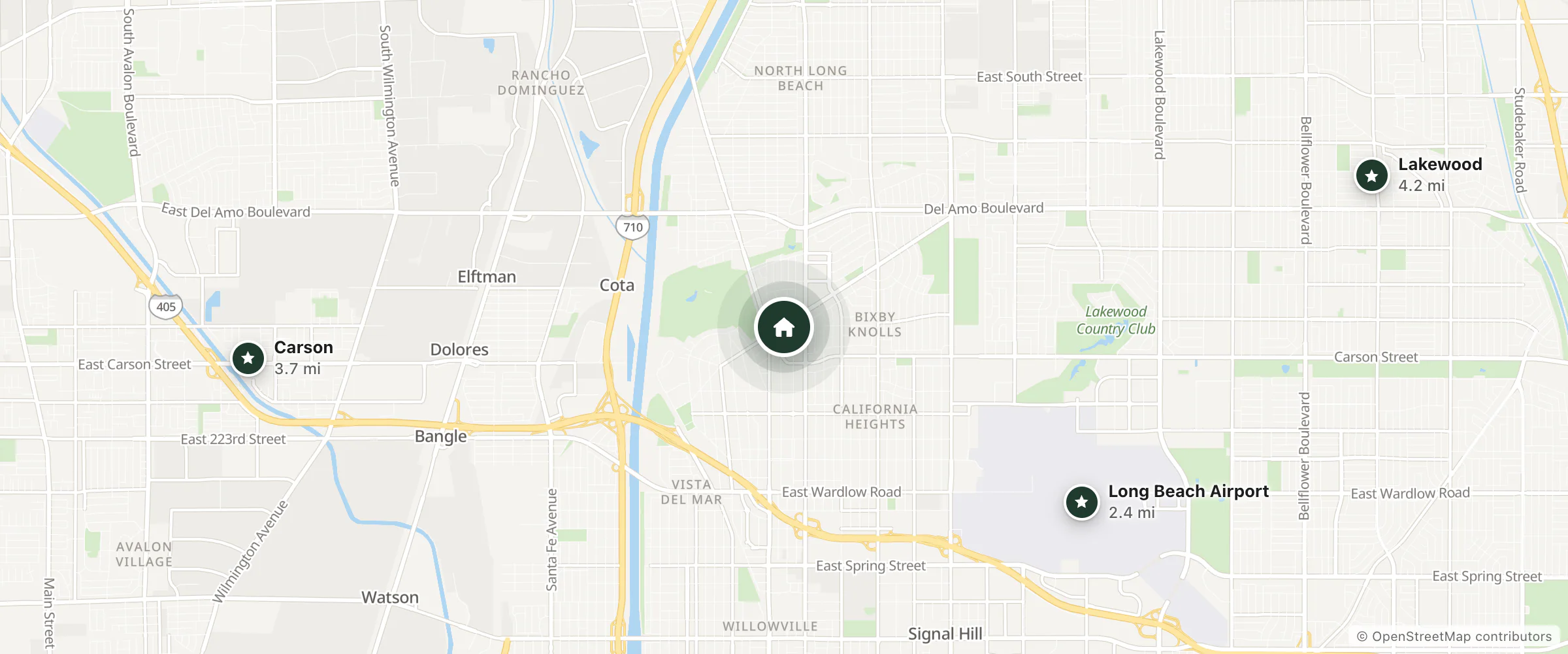 Map of Sunlight Motel and nearby Long Beach Airport, Carson and Lakewood