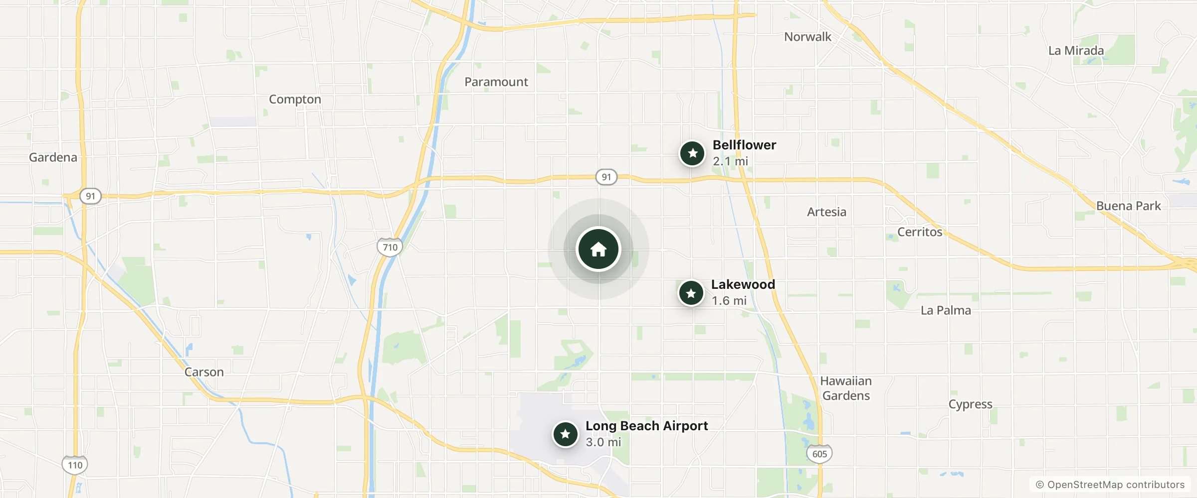 Map of Adelphi Hotel and nearby Lakewood, Bellflower and Long Beach Airport