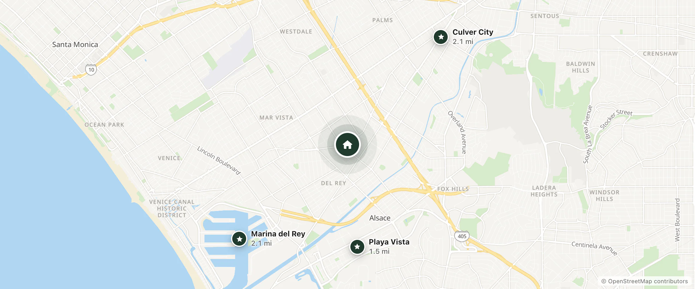 Map of Rodeway Inn near Venice Beach and nearby Playa Vista, Culver City and Marina del Rey