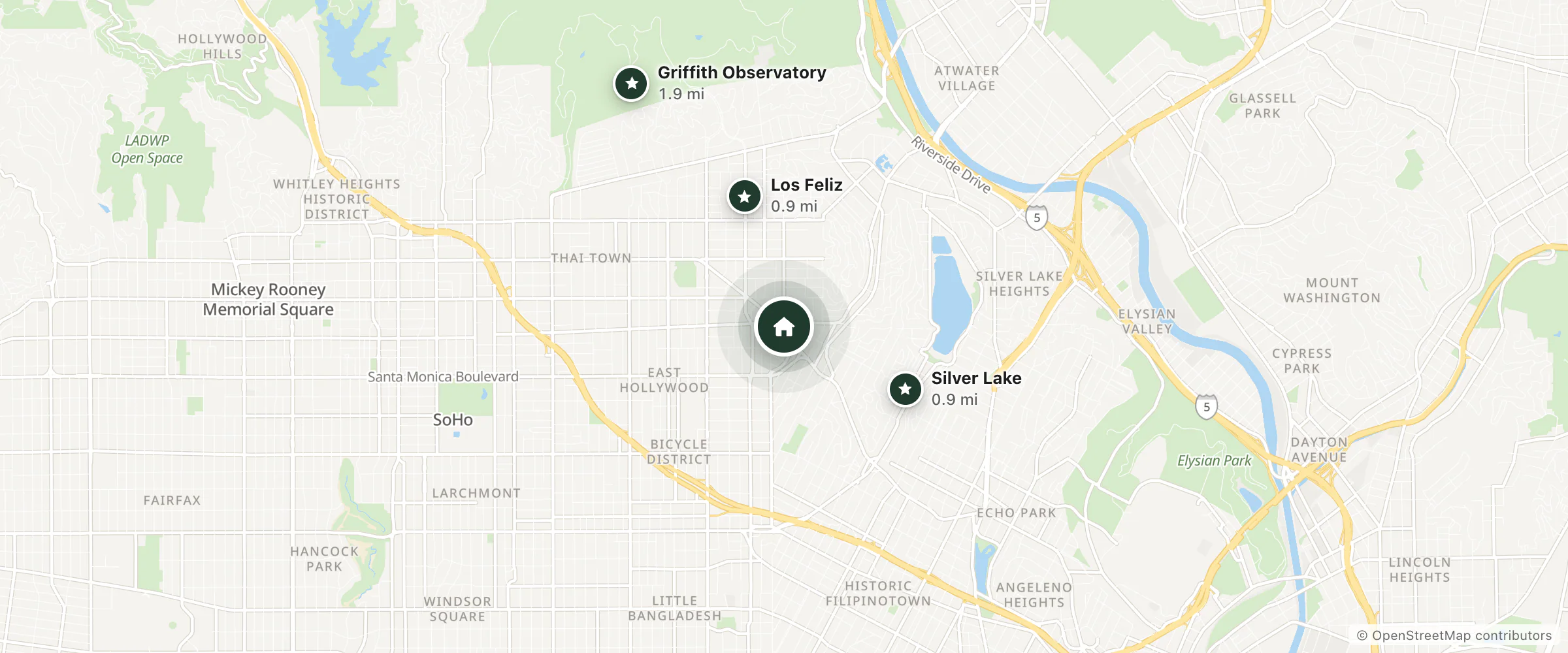 Map of Sunset Plaza and nearby Silver Lake, Los Feliz and Griffith Observatory