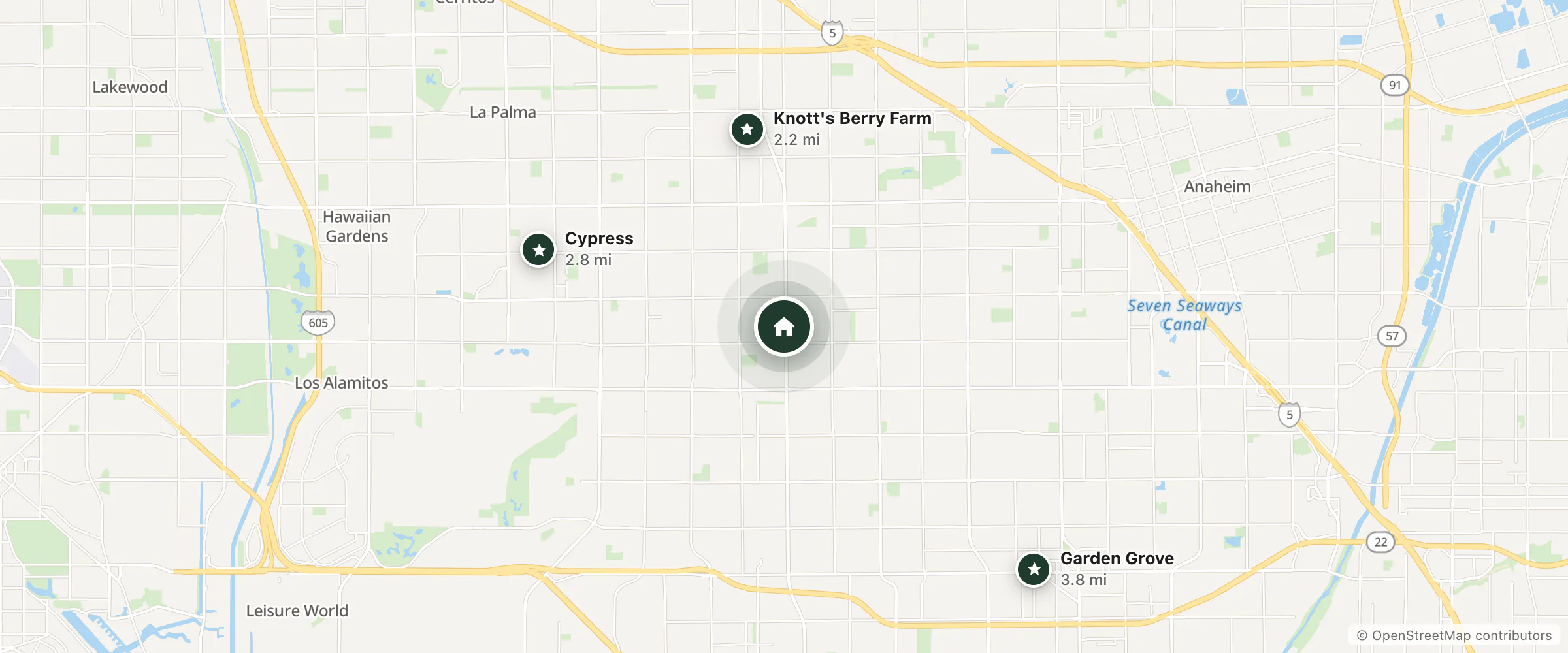 Map of Ramona Motel and nearby Knott's Berry Farm, Cypress and Garden Grove
