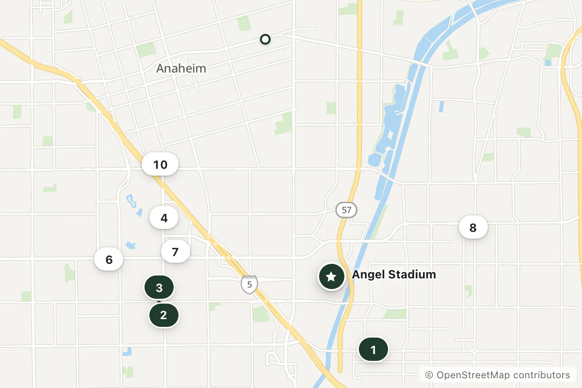 Map of the top 12 hotels for this question around Angel Stadium
