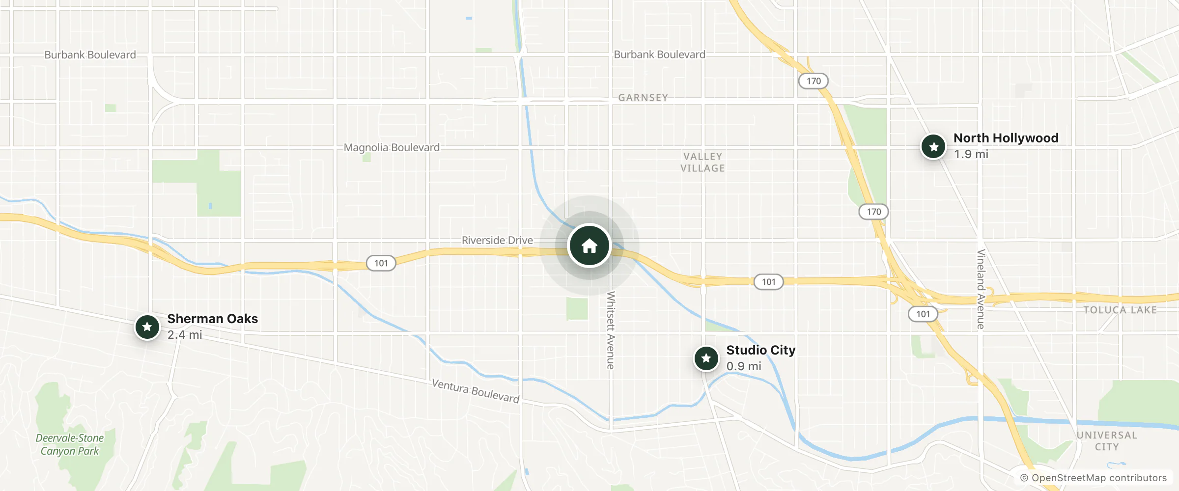 Map of Mikado Hotel and nearby Studio City, North Hollywood and Sherman Oaks