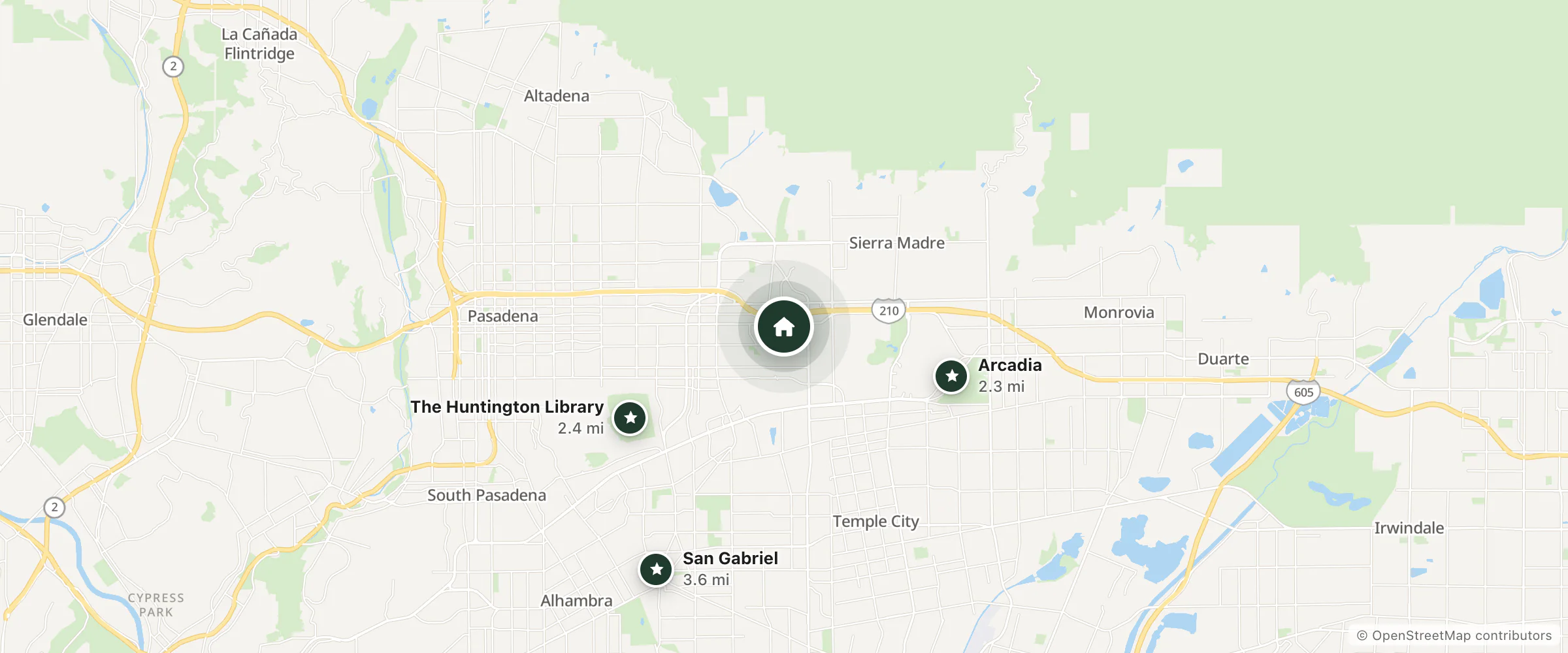 Map of Hi-way Host Motel and nearby Arcadia, The Huntington Library and San Gabriel