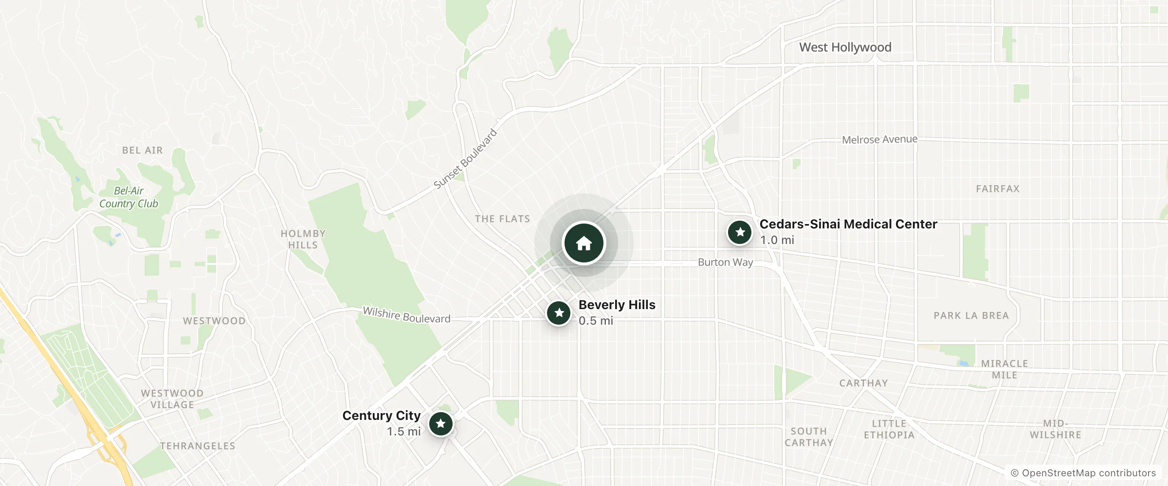 Map of Conrad Hotels and nearby Beverly Hills, Cedars-Sinai Medical Center and Century City