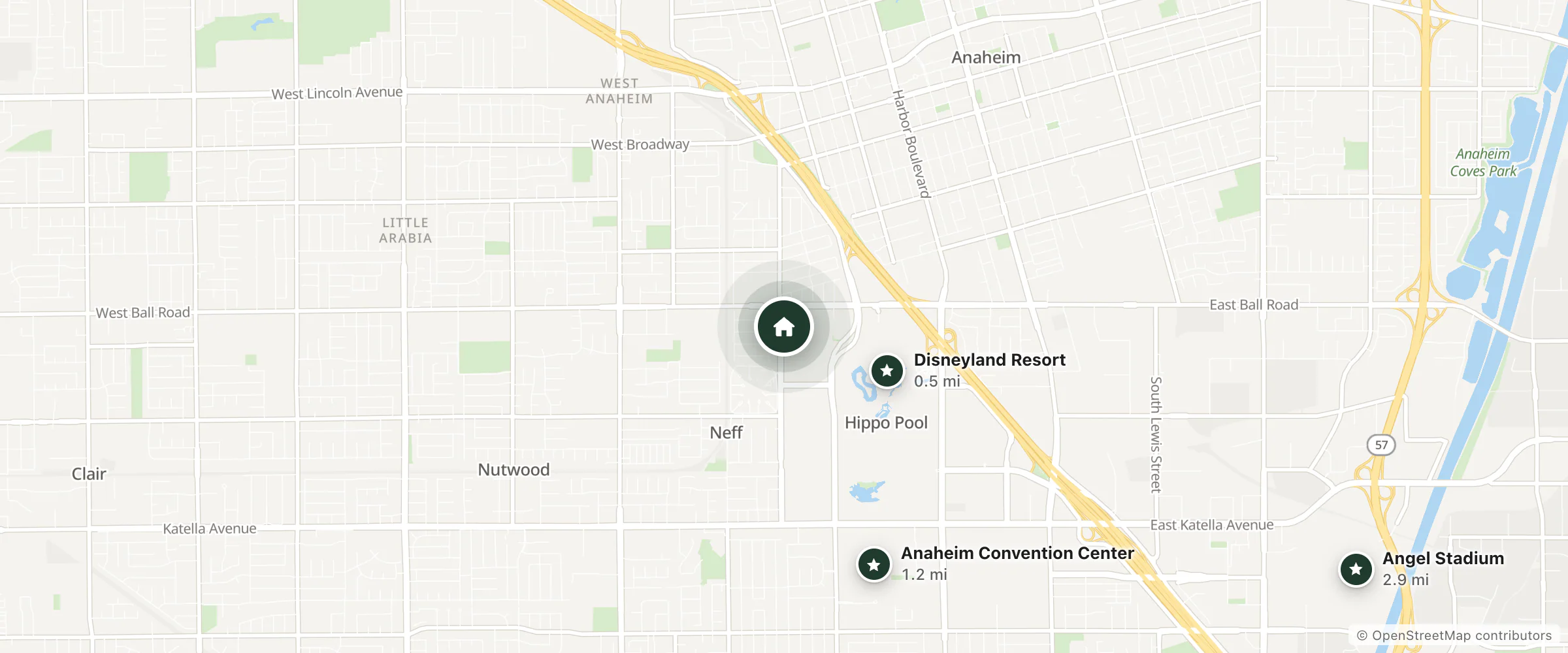 Map of Conestoga Hotel and nearby Disneyland Resort, Anaheim Convention Center and Angel Stadium