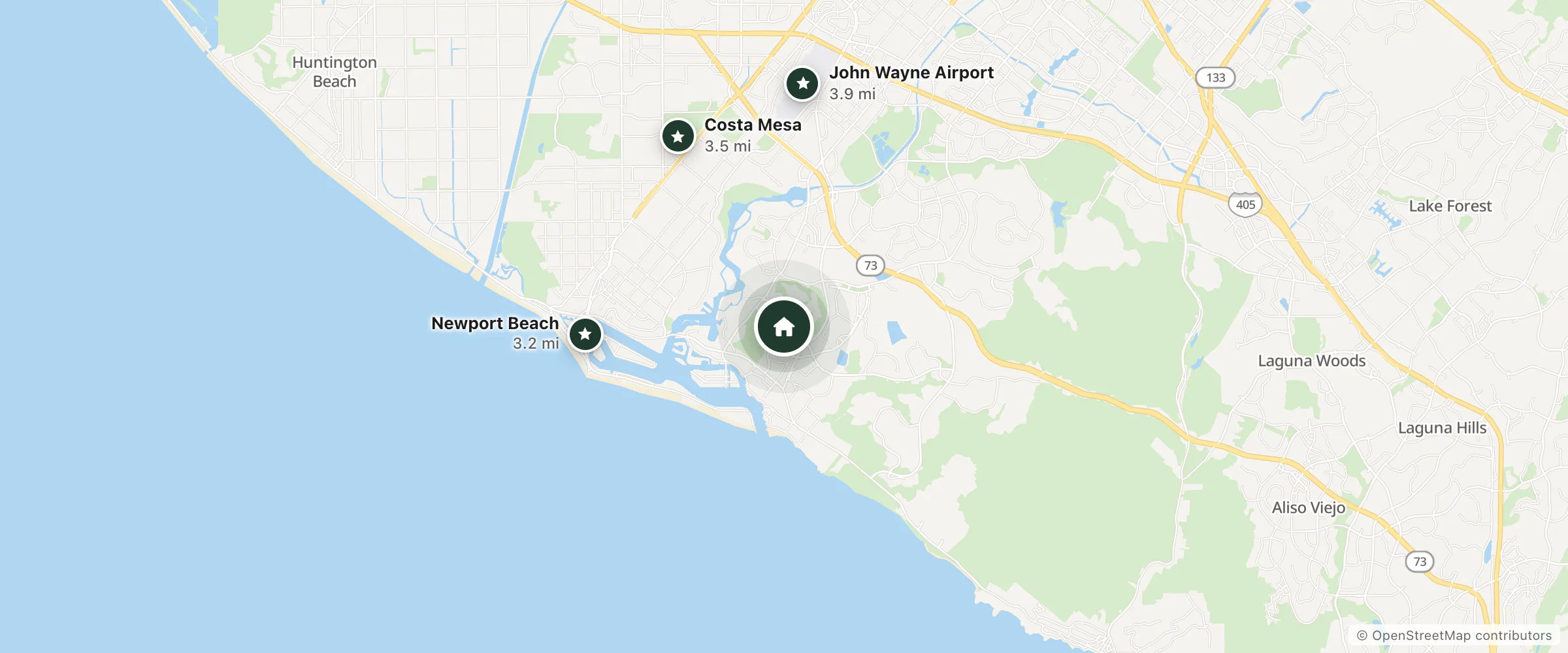 Map of Homewood Suites by Hilton and nearby Newport Beach, Costa Mesa and John Wayne Airport