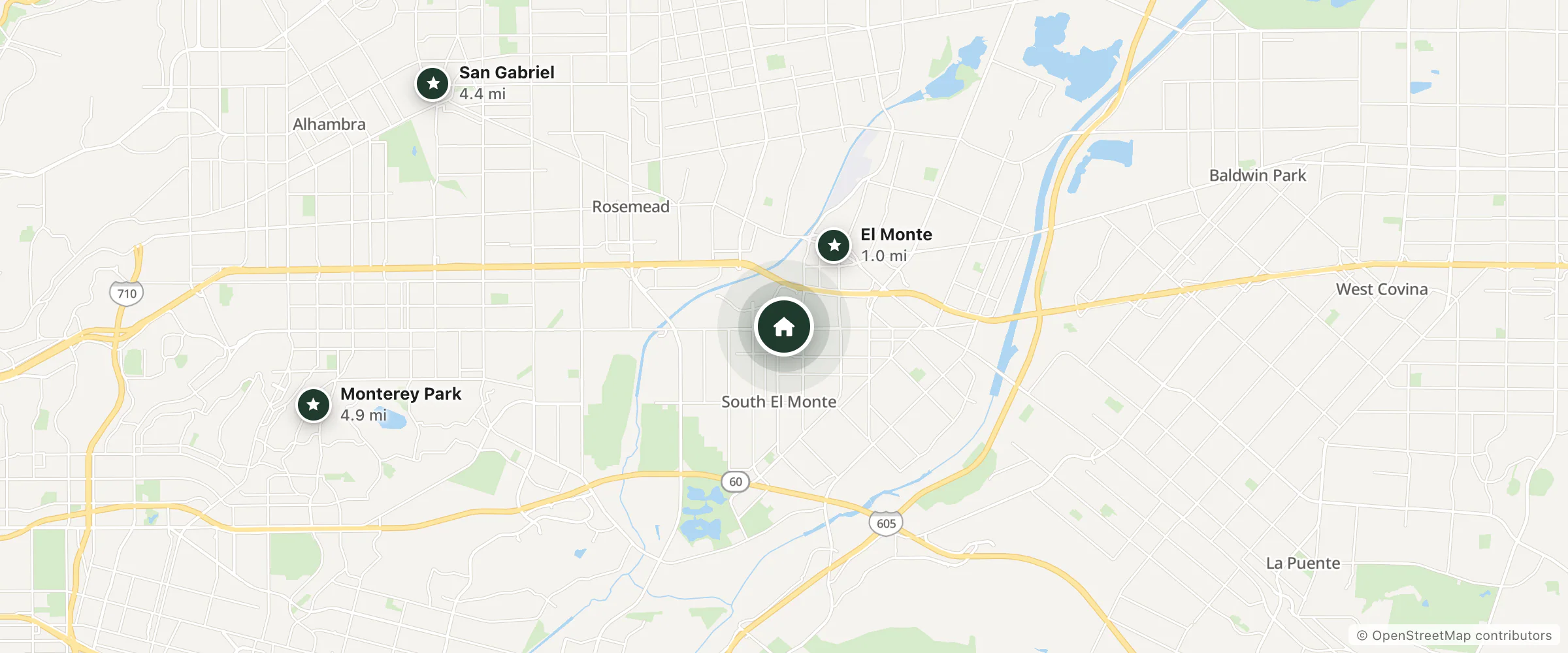 Map of Siesta Inn and nearby El Monte, San Gabriel and Monterey Park