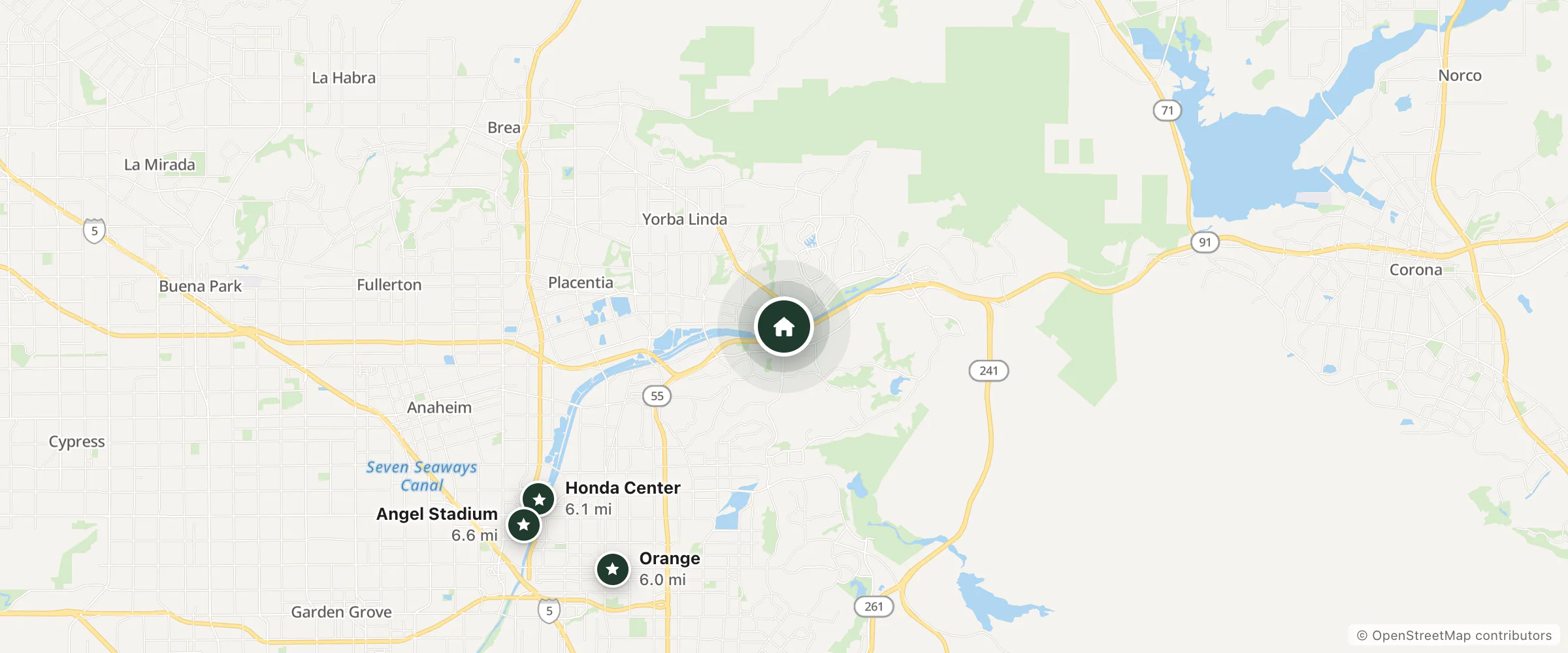 Map of Studio 6 Anaheim Hills, CA and nearby Orange, Honda Center and Angel Stadium