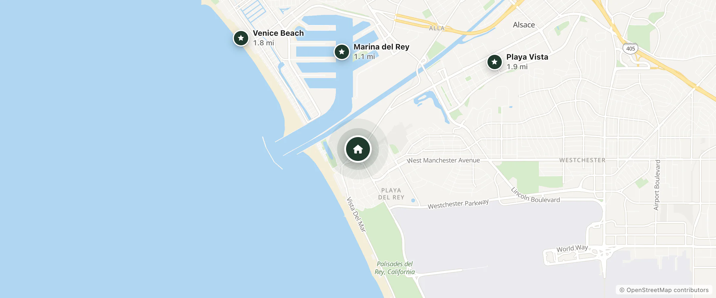 Map of Inn at Playa Del Rey and nearby Marina del Rey, Venice Beach and Playa Vista