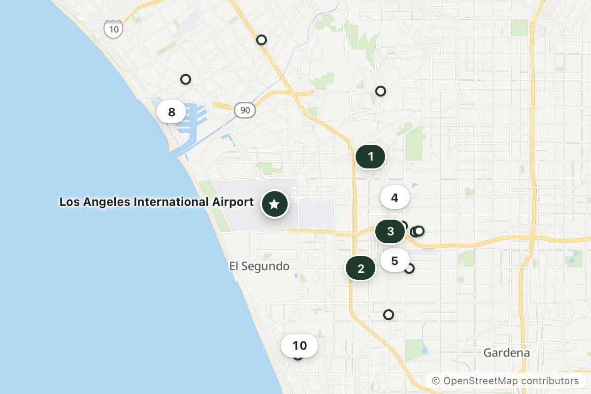 Map of the top 18 hotels for this question around Los Angeles International Airport