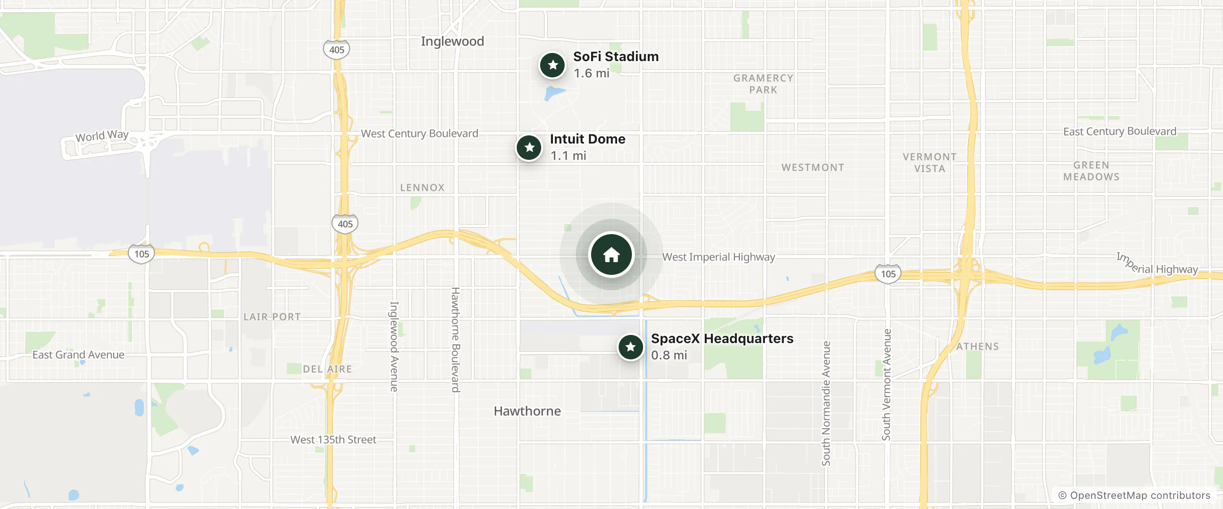 Map of Palm Inn and nearby SpaceX Headquarters, Intuit Dome and SoFi Stadium