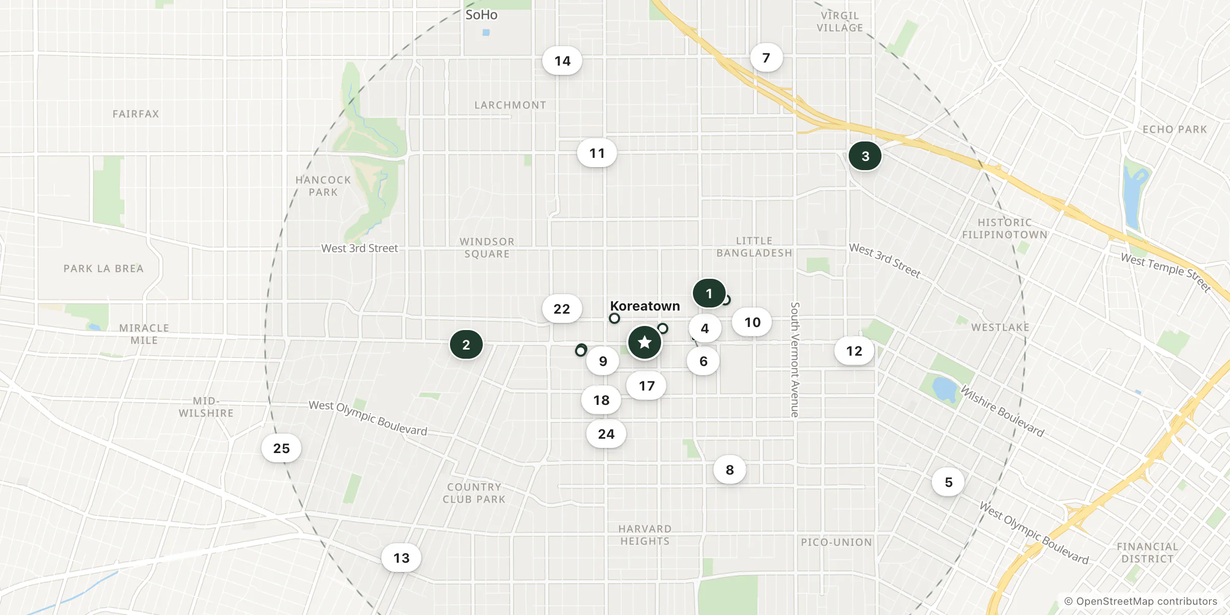 Map of hotels near Koreatown