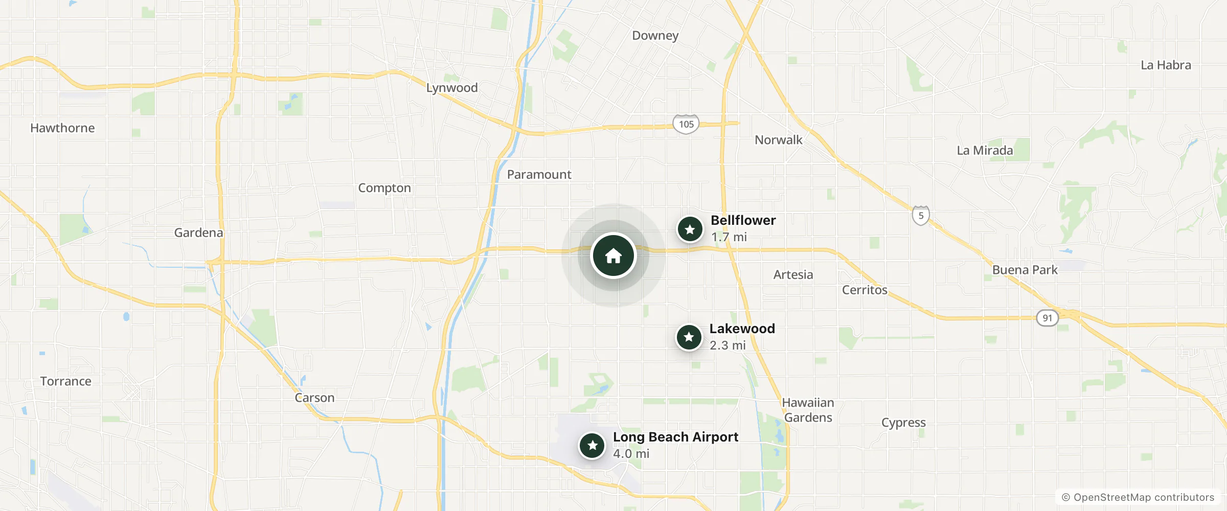 Map of WoodSpring Suites Bellflower - Los Angeles and nearby Bellflower, Lakewood and Long Beach Airport