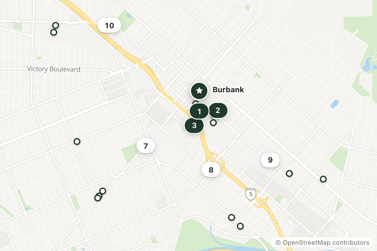 Map of the top 21 hotels for this question around Burbank