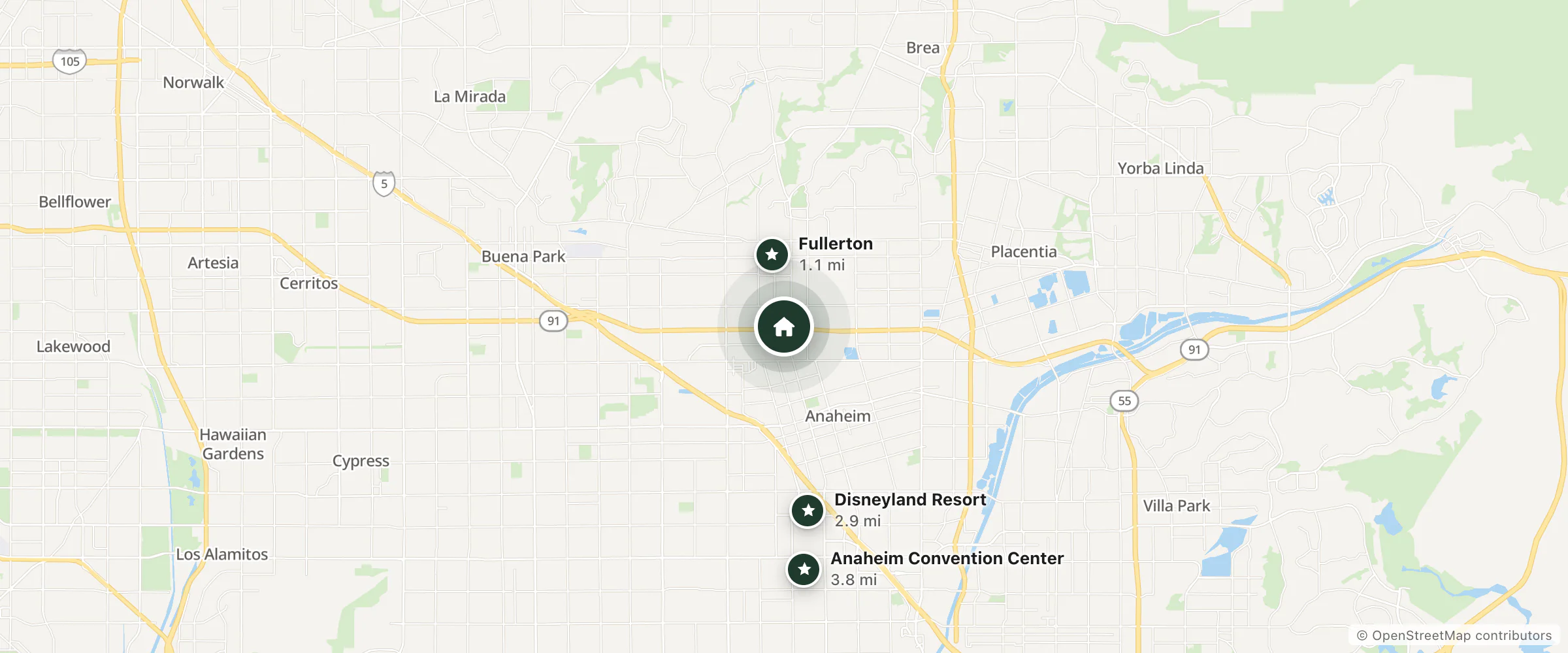Map of Anaheim Park Hotel and nearby Fullerton, Disneyland Resort and Anaheim Convention Center