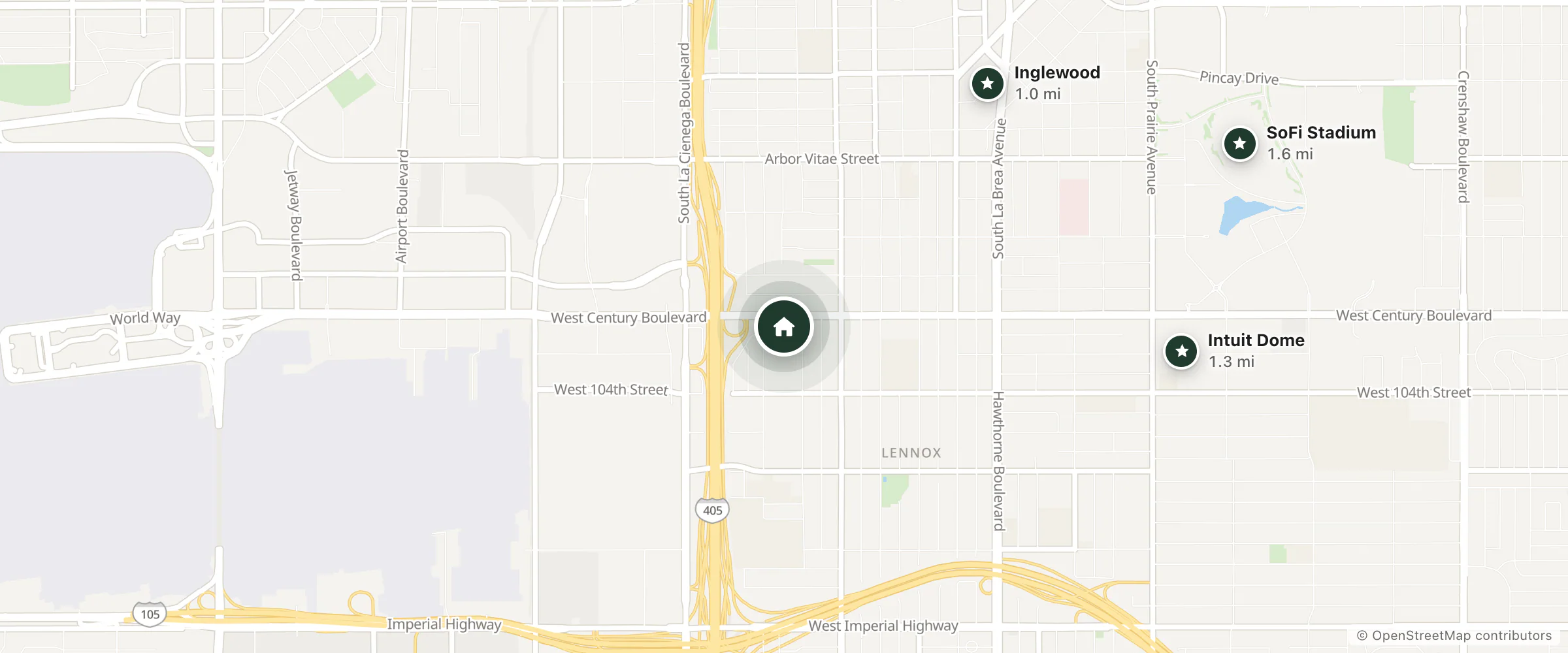 Map of Comfort Inn & Suites and nearby Inglewood, Intuit Dome and SoFi Stadium