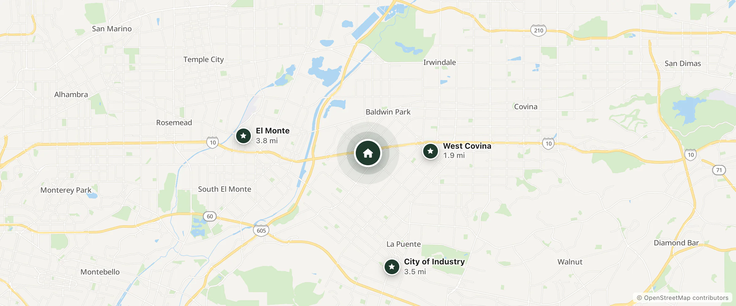 Map of Grand Park Inn and nearby West Covina, City of Industry and El Monte