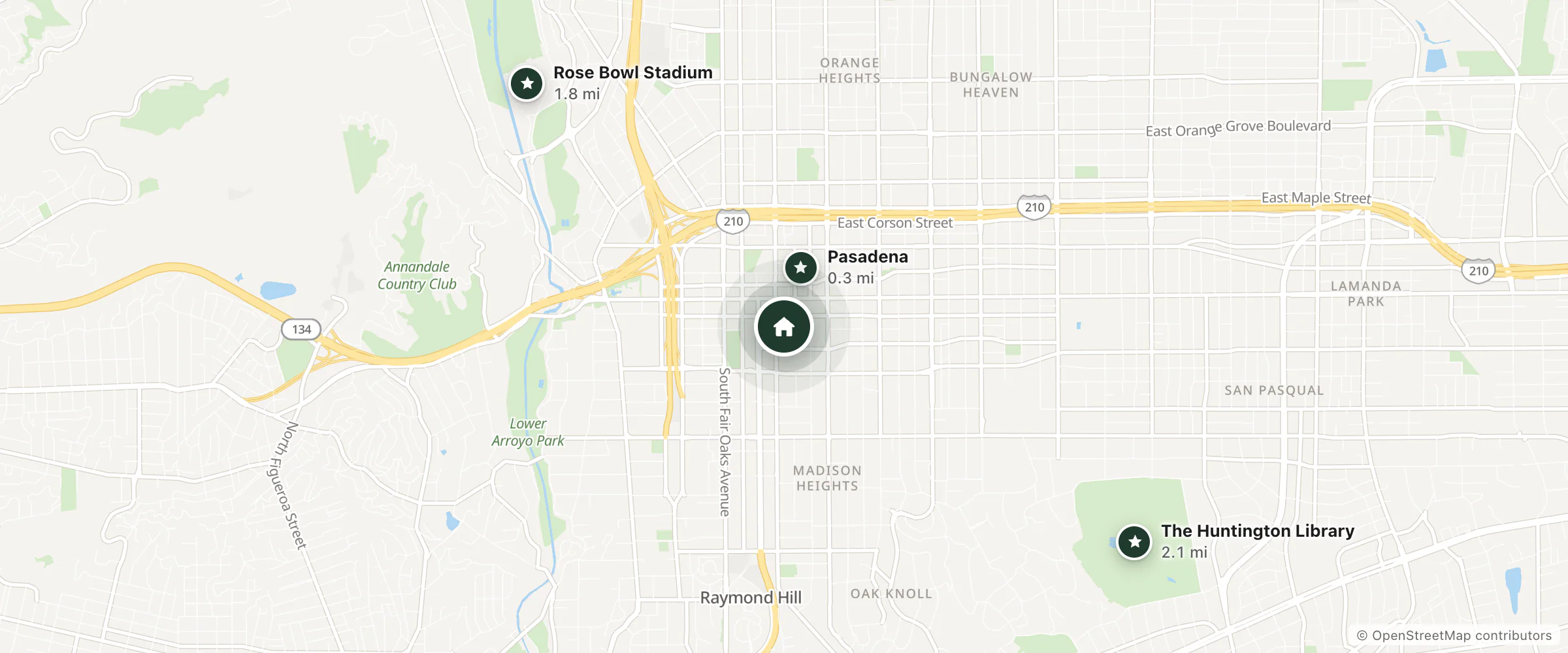 Map of Sheraton Pasadena Hotel and nearby Pasadena, Rose Bowl Stadium and The Huntington Library
