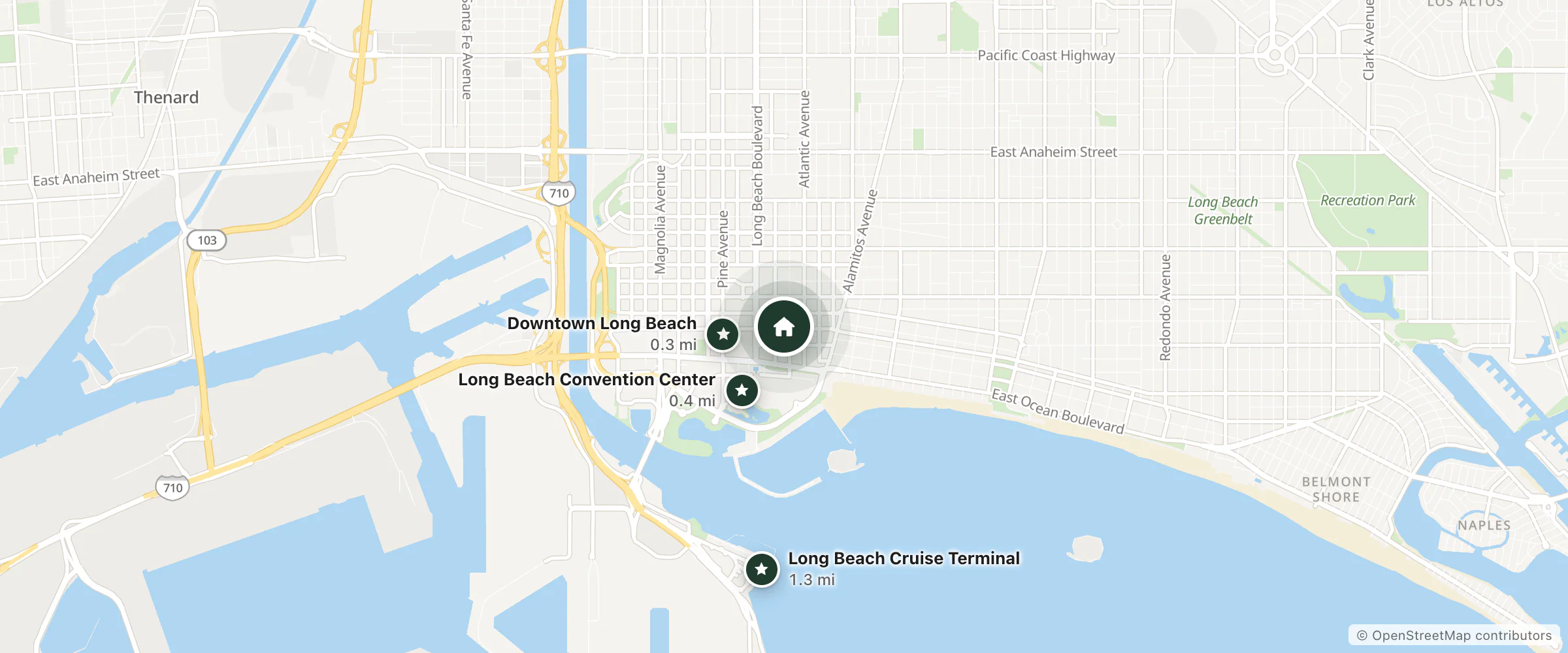 Map of Hotel Royal and nearby Downtown Long Beach, Long Beach Convention Center and Long Beach Cruise Terminal