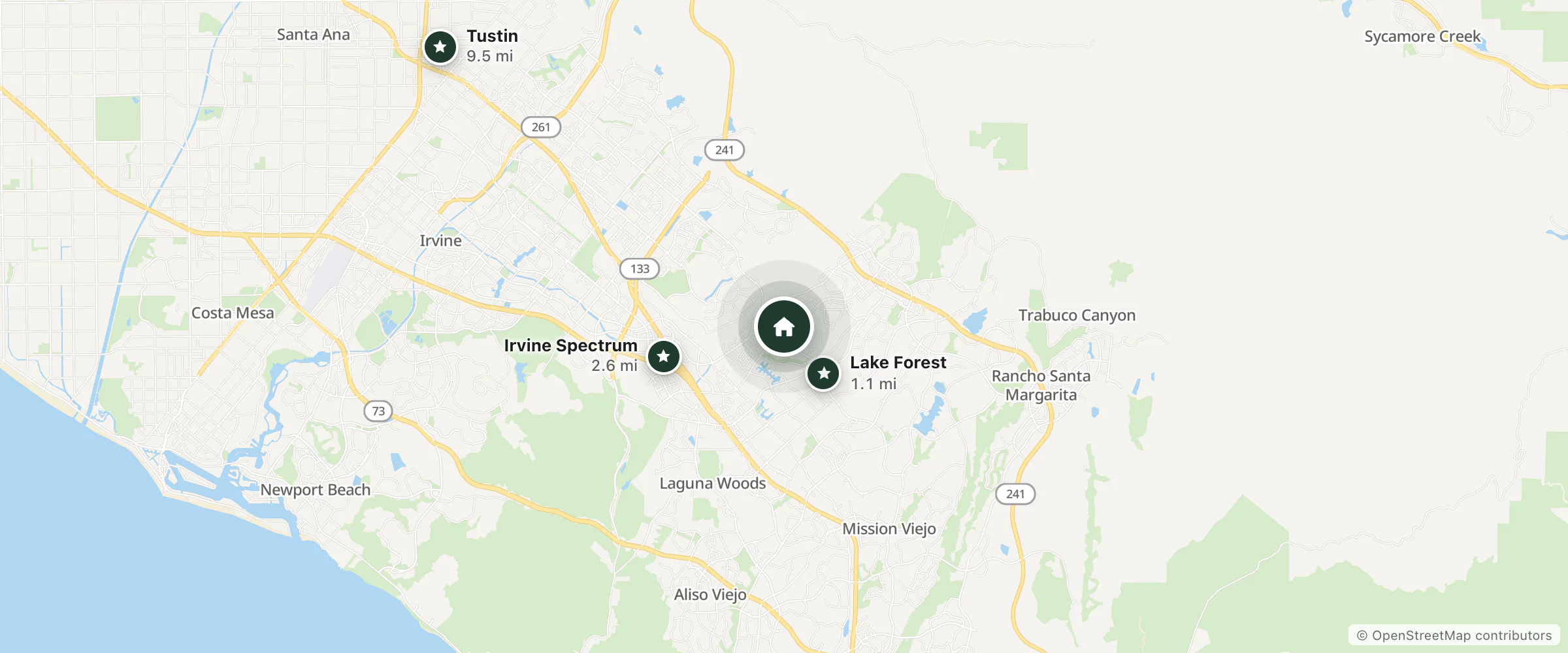 Map of Sonesta Simply Suites Irvine East Foothill and nearby Lake Forest, Irvine Spectrum and Tustin
