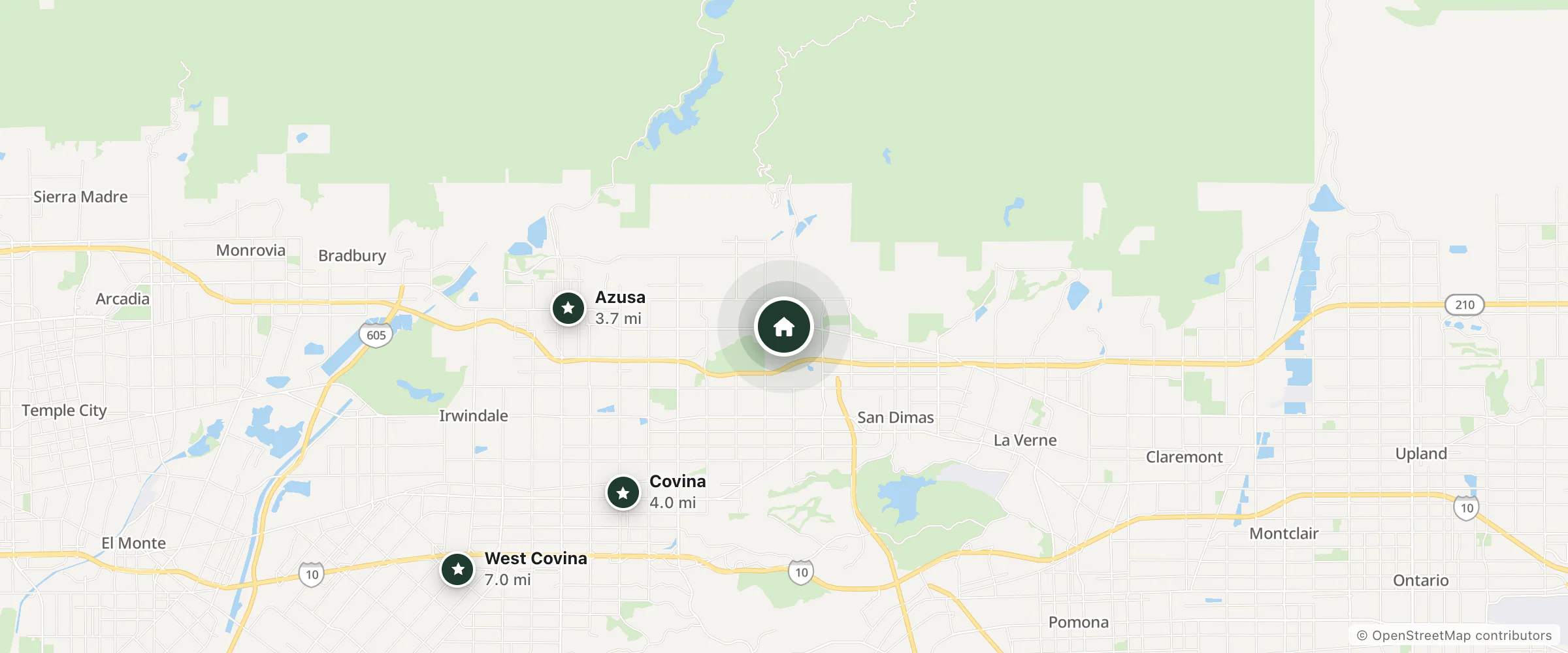 Map of 20th Century Motor Lodge and nearby Azusa, Covina and West Covina