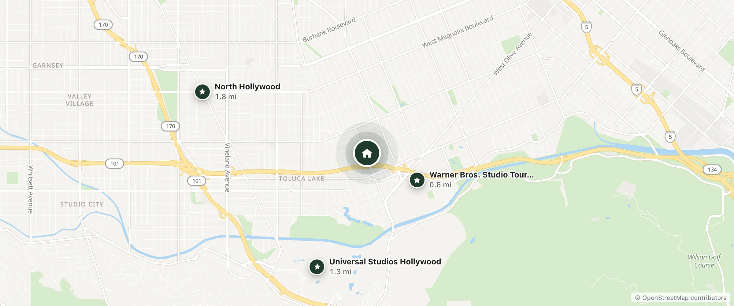 Map of Hotel Amarano and nearby Warner Bros. Studio Tour Hollywood, Universal Studios Hollywood and North Hollywood
