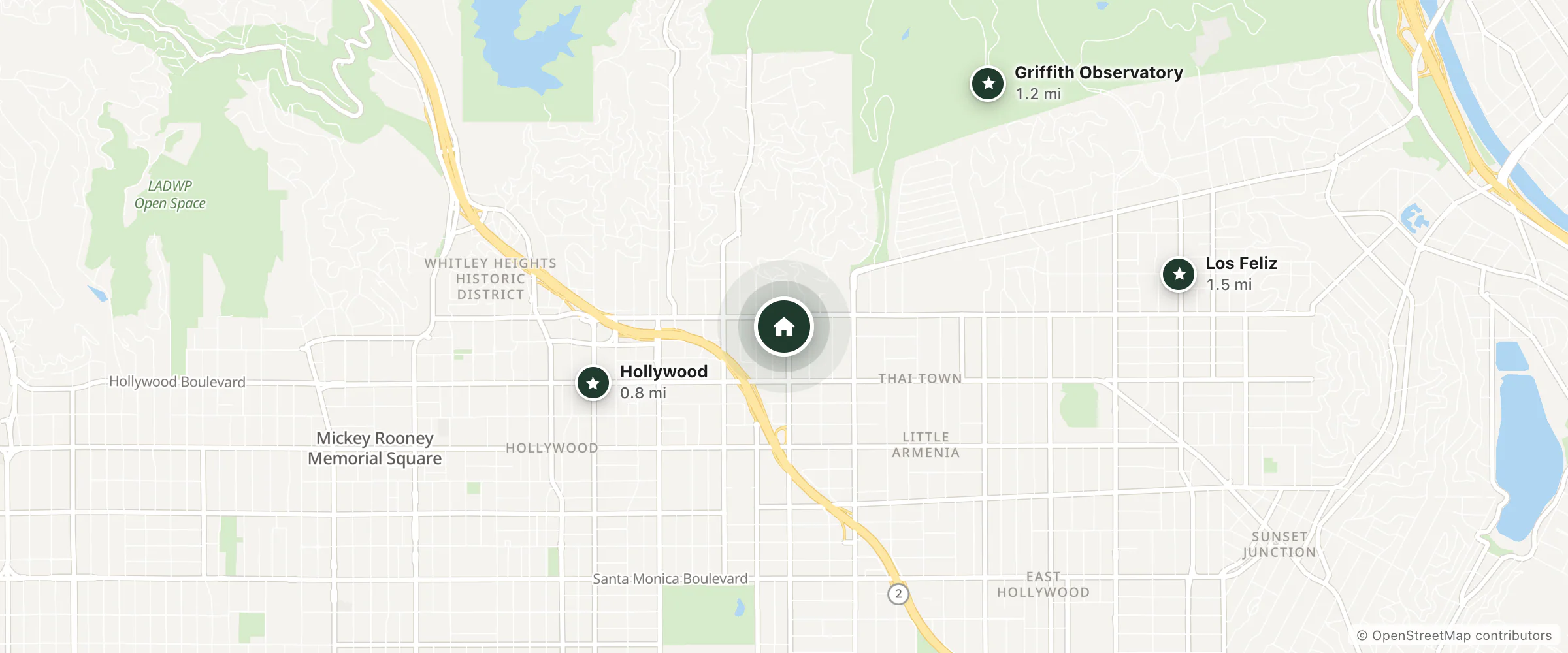 Map of Hollywood Pensione and nearby Hollywood, Griffith Observatory and Los Feliz