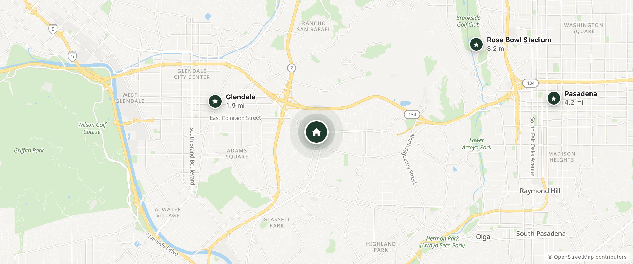 Map of The Hills Inn Eagle Rock and nearby Glendale, Rose Bowl Stadium and Pasadena