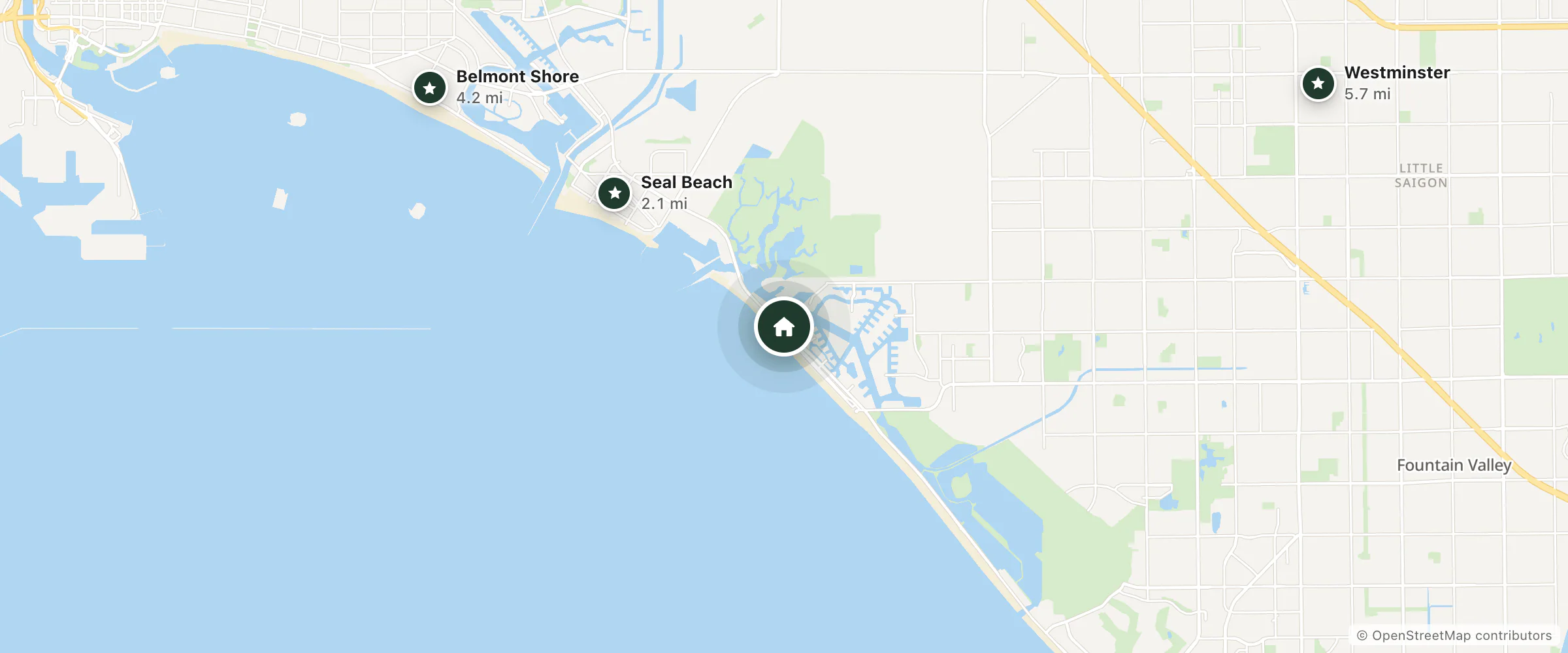 Map of Sunset Suites and nearby Seal Beach, Belmont Shore and Westminster