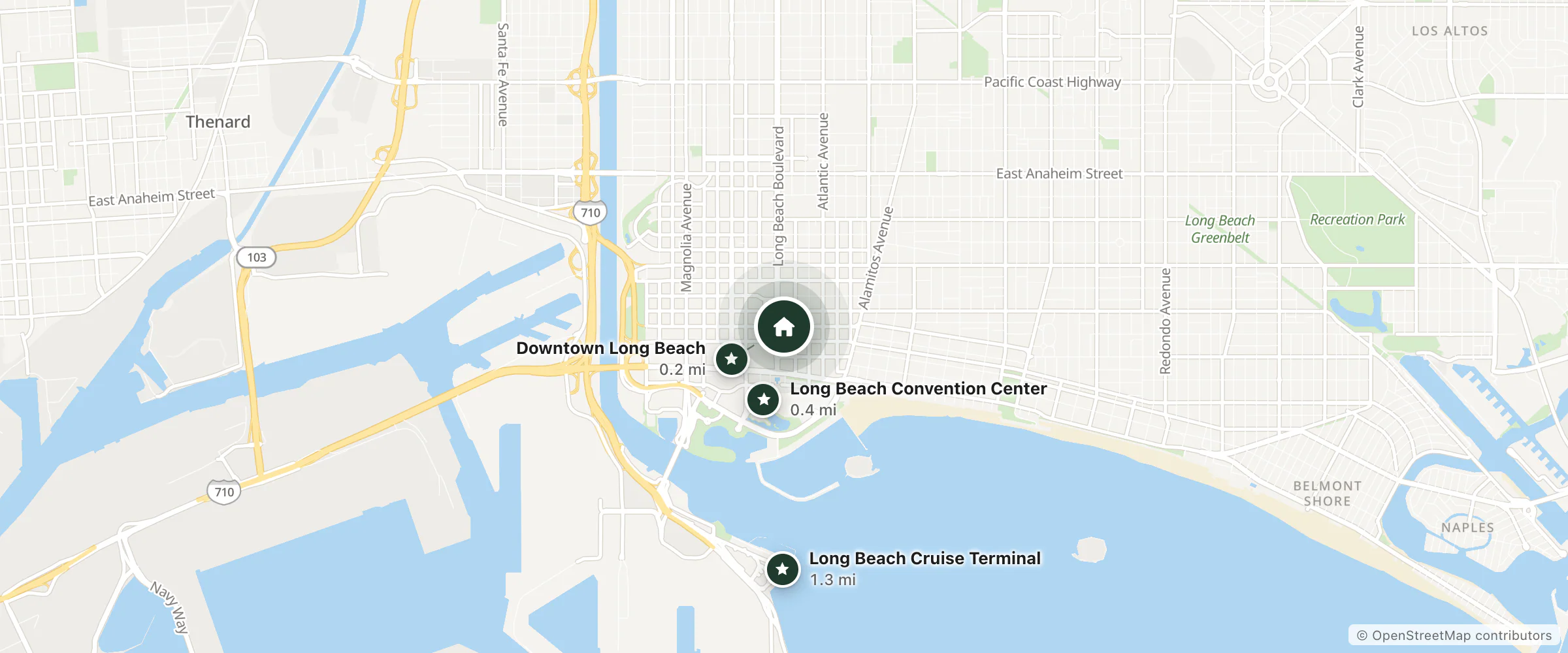 Map of Level Long Beach and nearby Downtown Long Beach, Long Beach Convention Center and Long Beach Cruise Terminal