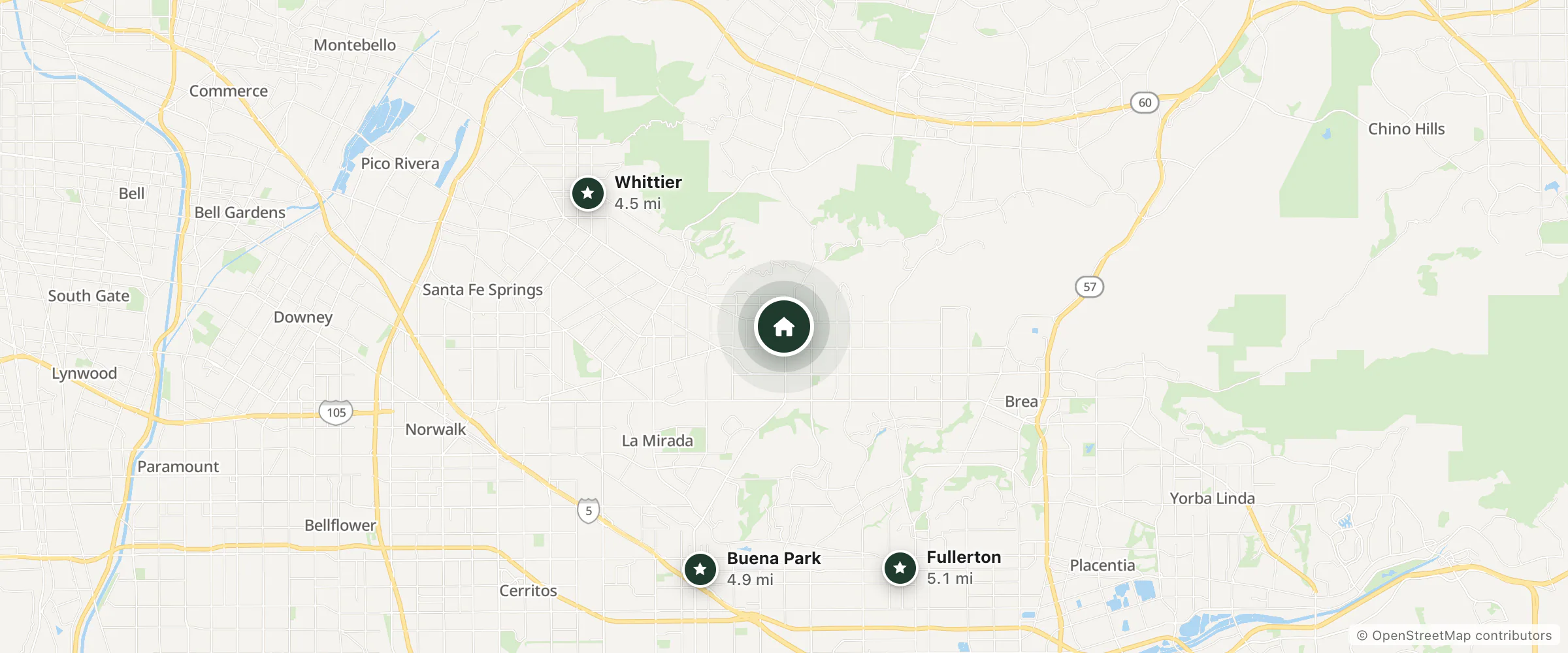 Map of Best Western La Habra Inn and nearby Whittier, Buena Park and Fullerton