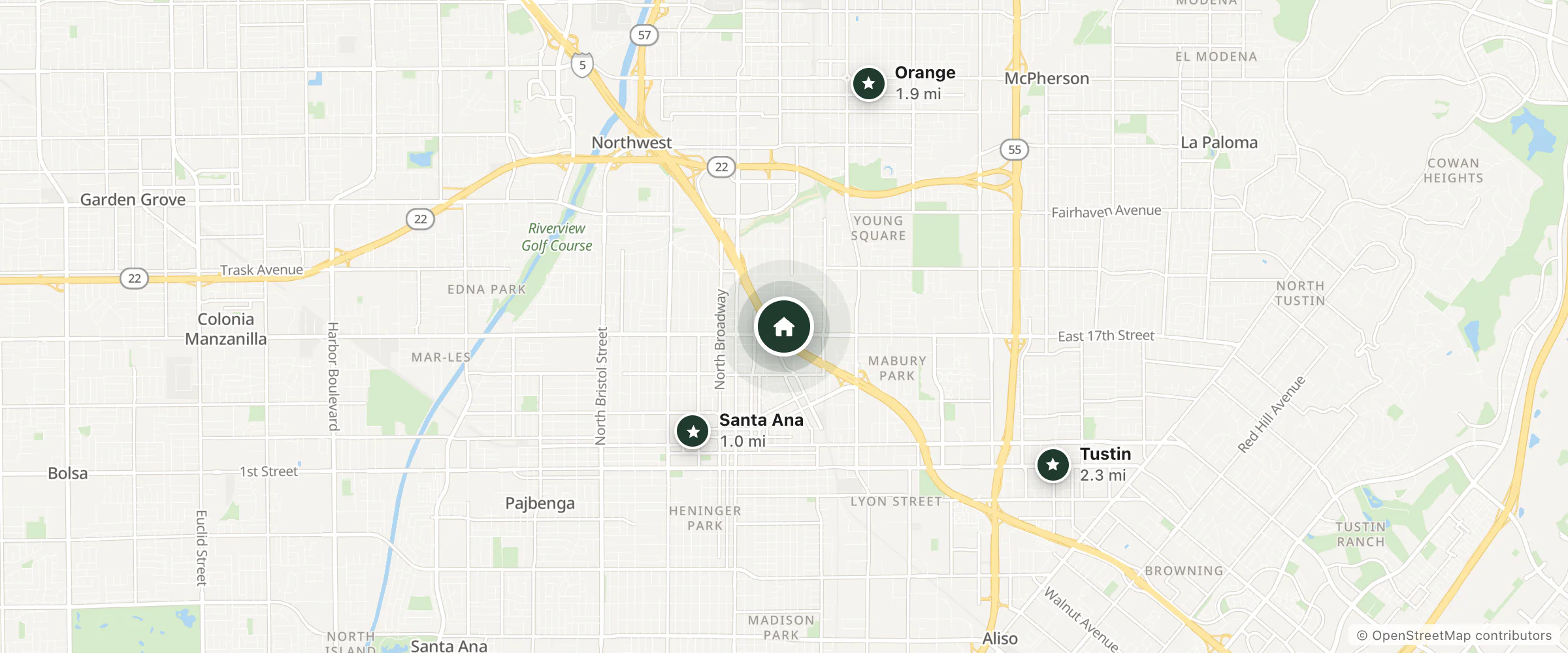 Map of The Haro Hotel and nearby Santa Ana, Orange and Tustin