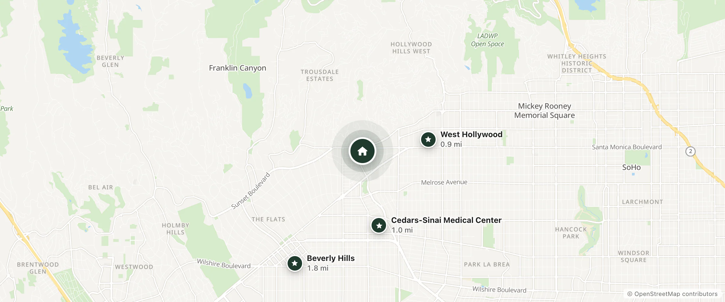 Map of Bel Age Hotel and nearby West Hollywood, Cedars-Sinai Medical Center and Beverly Hills