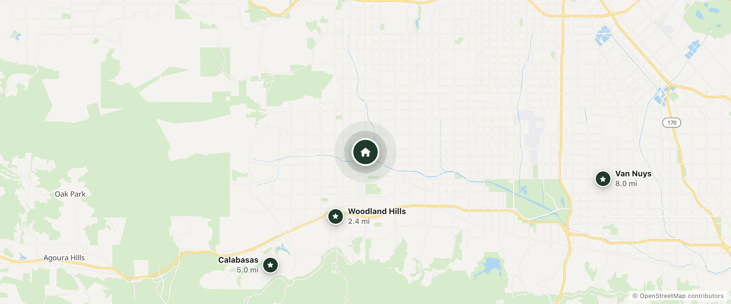 Map of Canoga Hotel and nearby Woodland Hills, Calabasas and Van Nuys