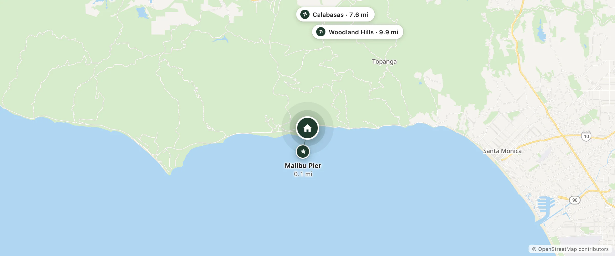 Map of Malibu Colony and nearby Malibu Pier, Calabasas and Woodland Hills