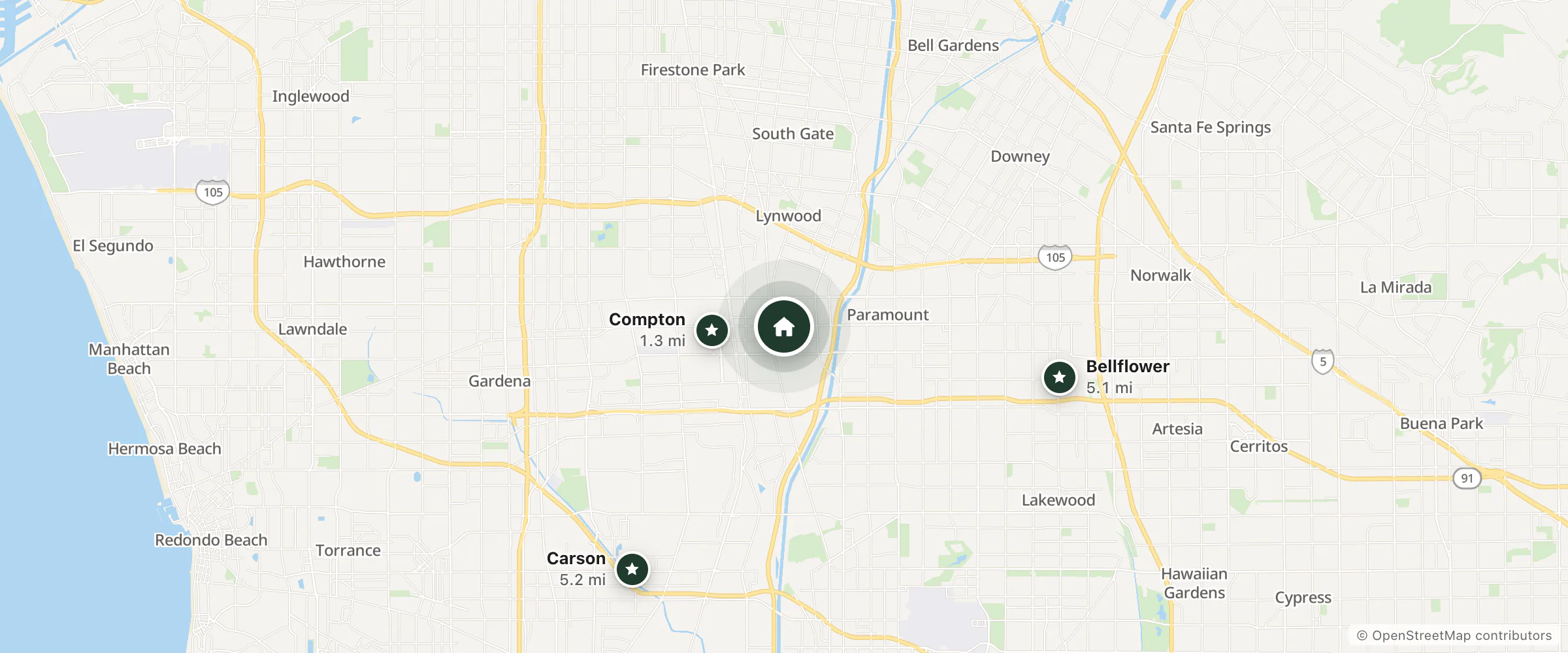 Map of Tropicana and nearby Compton, Bellflower and Carson